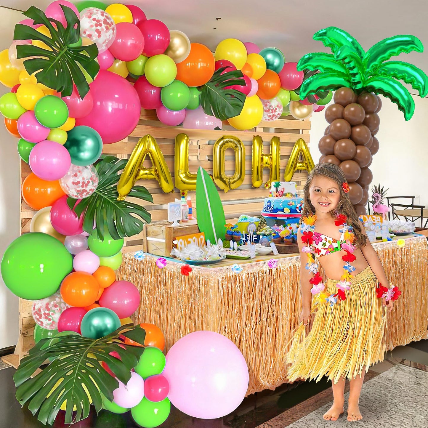 SNLN 178Pcs Tropical Luau Balloons Arch Garland Kit Hawaiian Party Decorations with Coconut Balloon Tree, Aloha Foil Balloons, Palm Leaves, Kids Adult Summer Beach Pool Luau Birthday Party Decorations