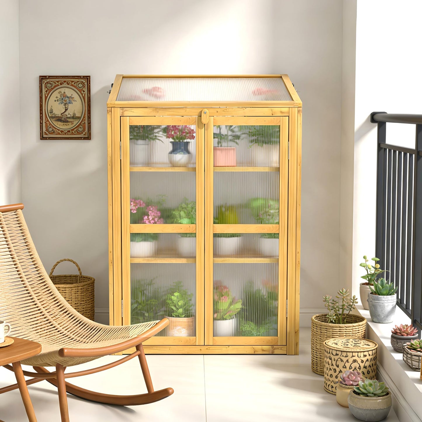 HOOYEAH Wooden Cold Frame Greenhouse, Small 3-Tier Greenhouse Cabinet with Adjustable Shelves & Flip-Top Ventilated Roof for Outdoor and Indoor Use
