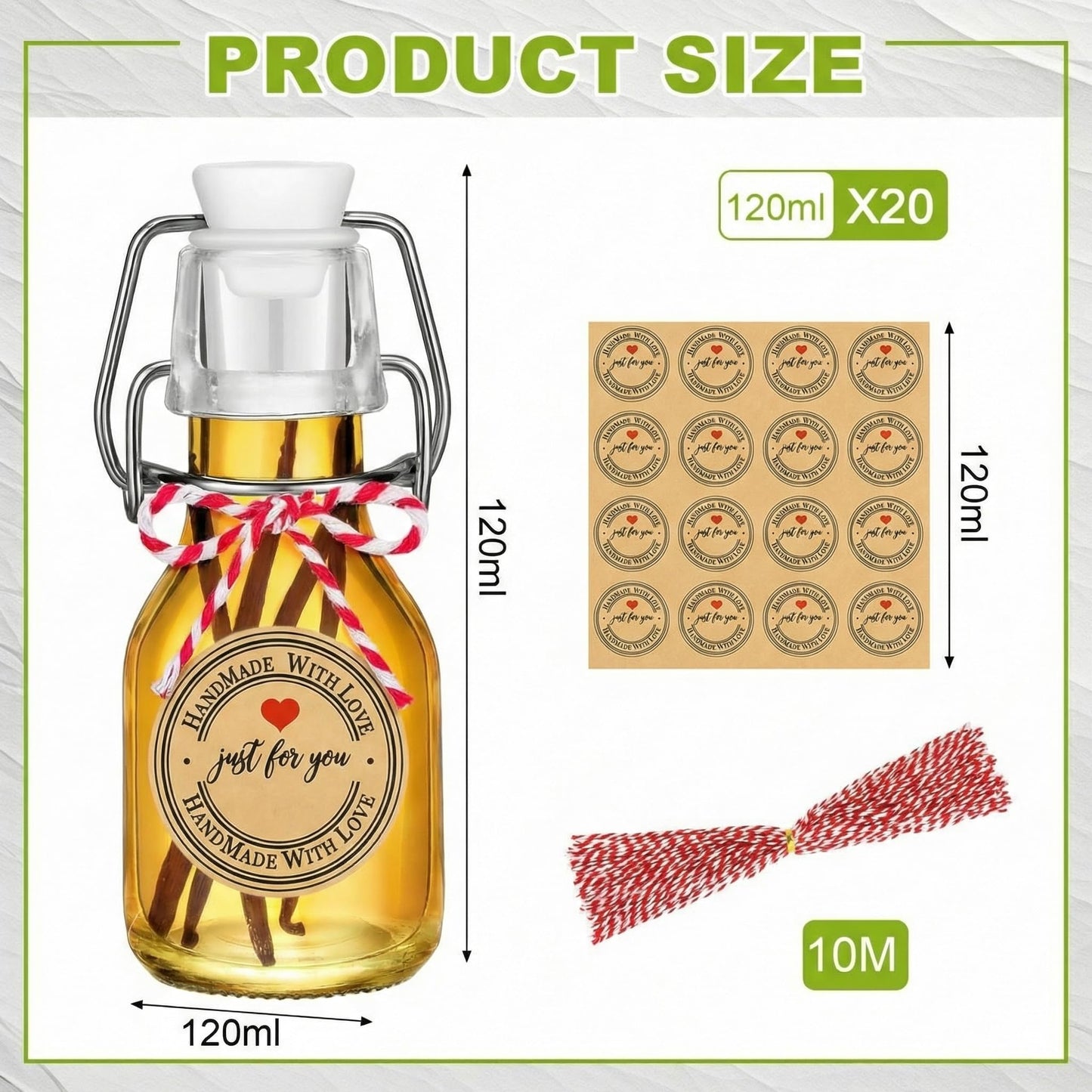 Teenyyou 20 PCS 4.05OZ Mini Flip Top Square Glass Bottle with Stoppers Decorative Swing Top Bottles Small Glass Bottles with Lids Kraft Adhesive Round Stickers for Wedding Vanilla Extract Party Favors