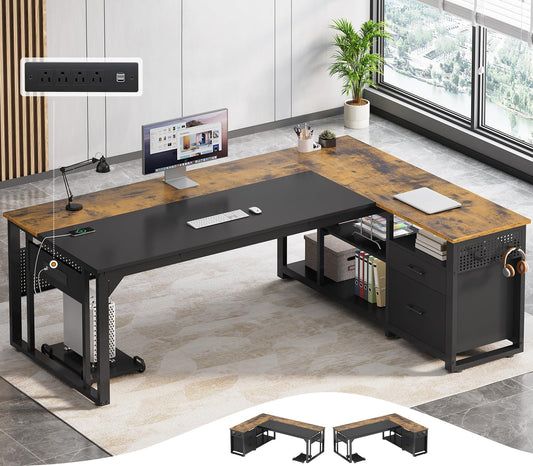 UPOSOJA 71 in Executive Desk with Power Outlets, Reversible L Shaped Desk with File Drawers & Storage Shelves, Large Office Desk Computer Desk with Pegboard, Mobile CPU Stand, Modern Corner Desk
