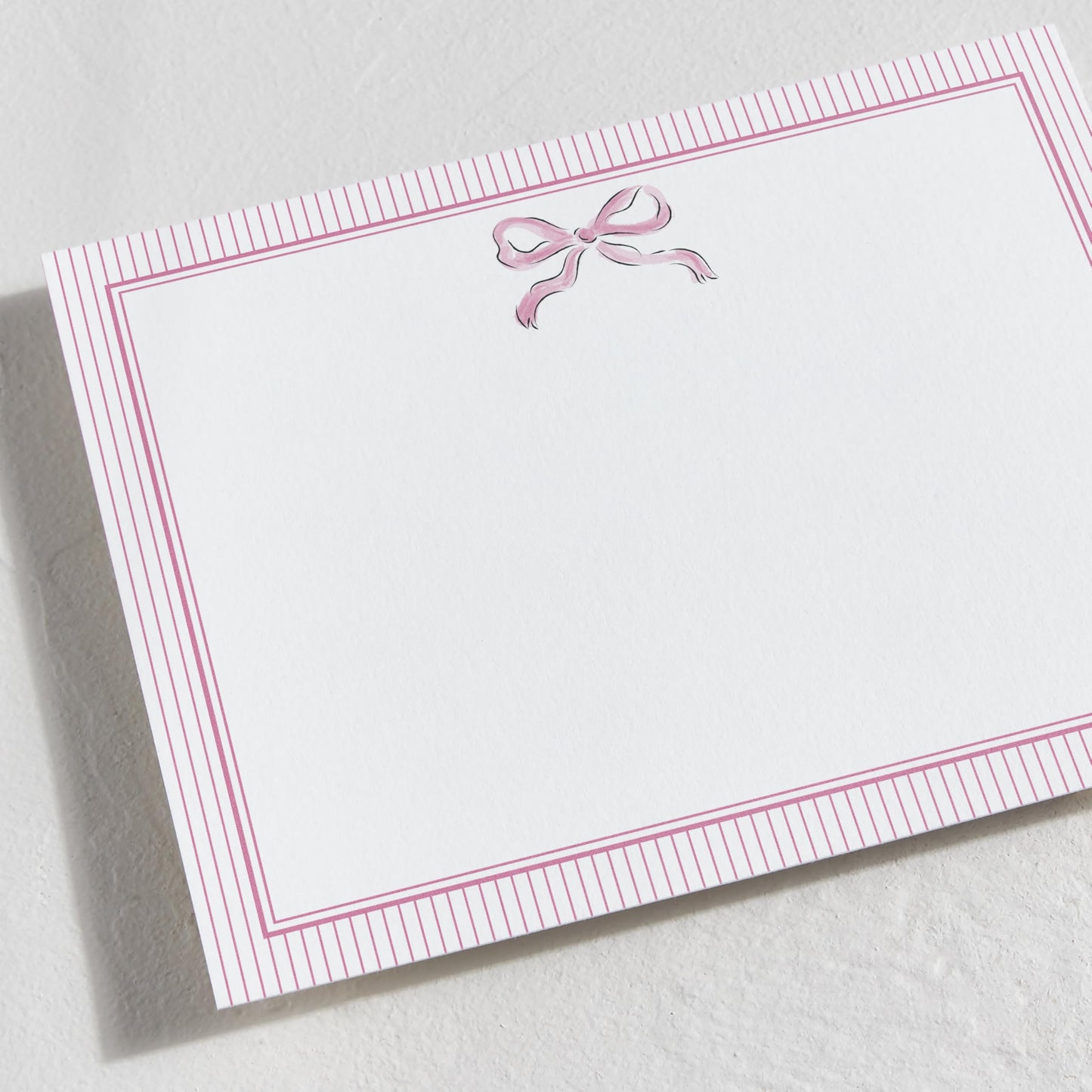 Minted Pink Bow Stationery Set, Set of 10, Flat Note Cards & Envelopes for Invitiations and Handwritten Thank You Messages, Pink Ribbon with Striped Back, Gifts for Women, Luxurious Paper