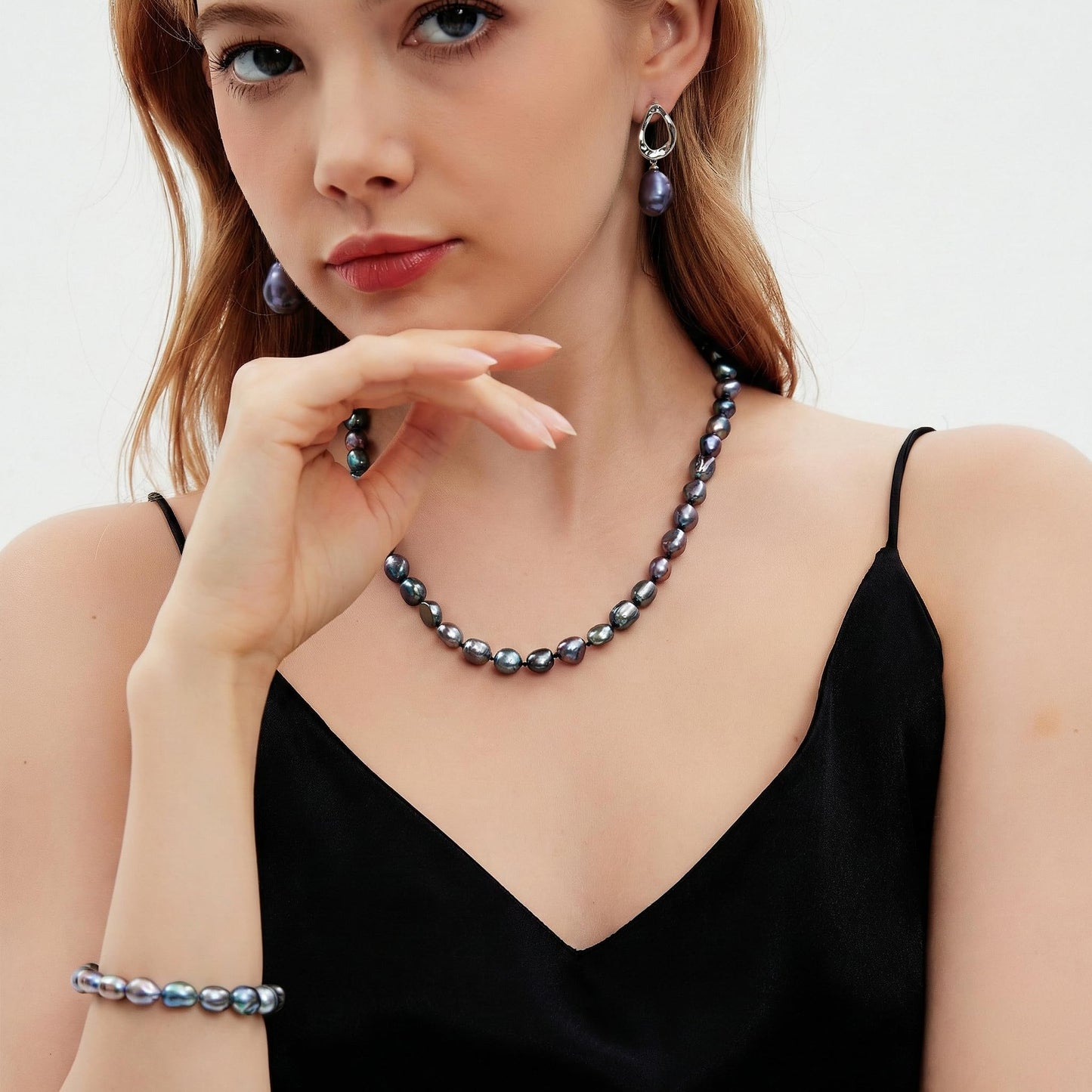 BAMIKI Tahitian Pearl Jewelry Set for Women, Baroque Saltwater Cultured Black Pearl Necklace Bracelet Earrings Set 8.5-9mm, 925 Sterling Silver Clasp, Gift for Birthday Anniversary Mother's Day
