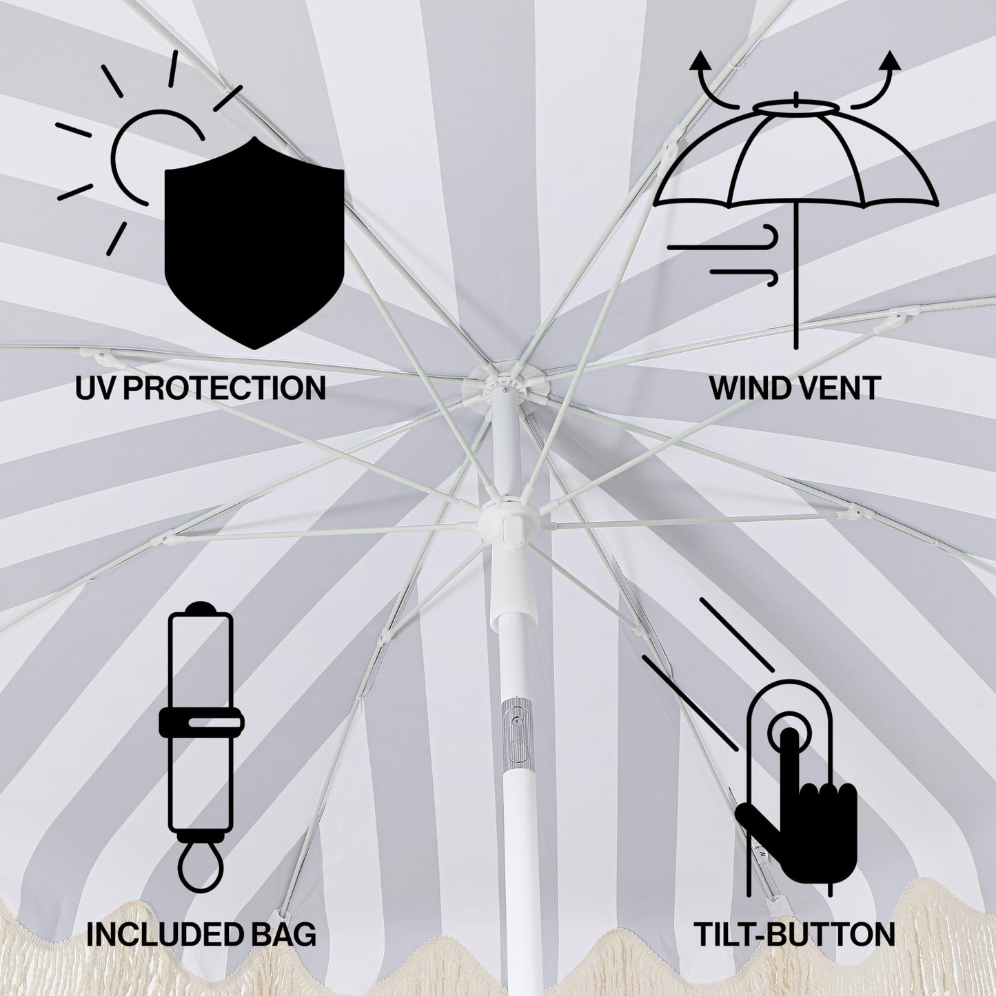 JONATHAN Y UMB1003N Mariner 6.5 ft. Cottage Fringe Tassel Market Beach Umbrella with Push Button Tilt, Wind Vent and UV Protection, and Matching Carry Bag in Navy and White Stripe/Cream, White Pole