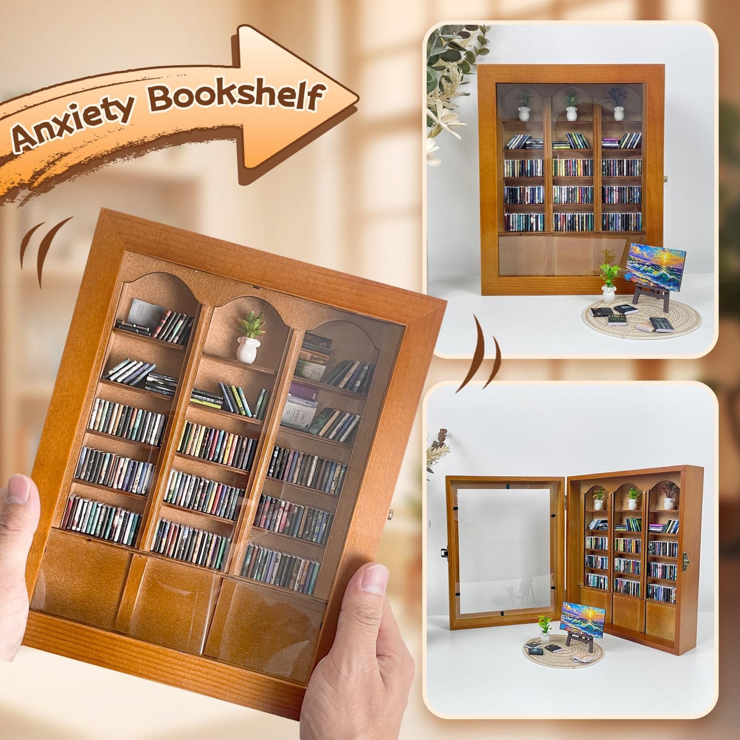 KALOPEZY Mini Bookshelf for Desk with 260 Tiny Books, DIY Anxiety Relief Wooden Book Nook Kit with Side Door, Acrylic Display Case with Easel Plant Rug, Stress Relief Decor Gift for Book Lovers Women