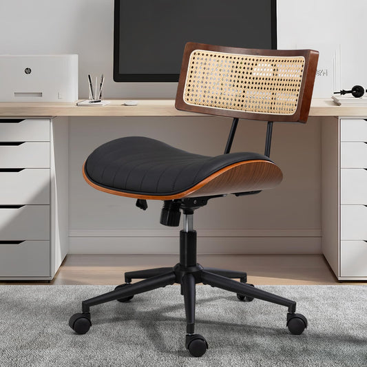 Newnno Home Office Chair with Wheels, Adjustable Height Desk Chair with Rattan Backrest, Leather Swivel Computer Chair, Armless Modern Walnut Chair for Office, Meeting Room, Black
