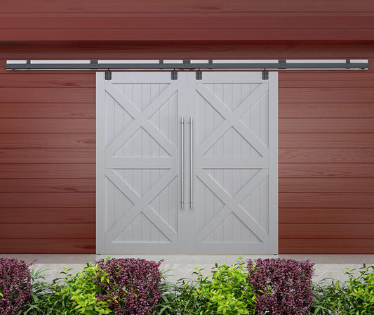 DIYHD 8FT Heavy Duty Double Sliding Barn Door Hardware Box Track,Wall Mount Kit for Exterior Door,MAX Load 300lbs,Kit to Hang 2 Doors(Fit 24" X 2 Door)