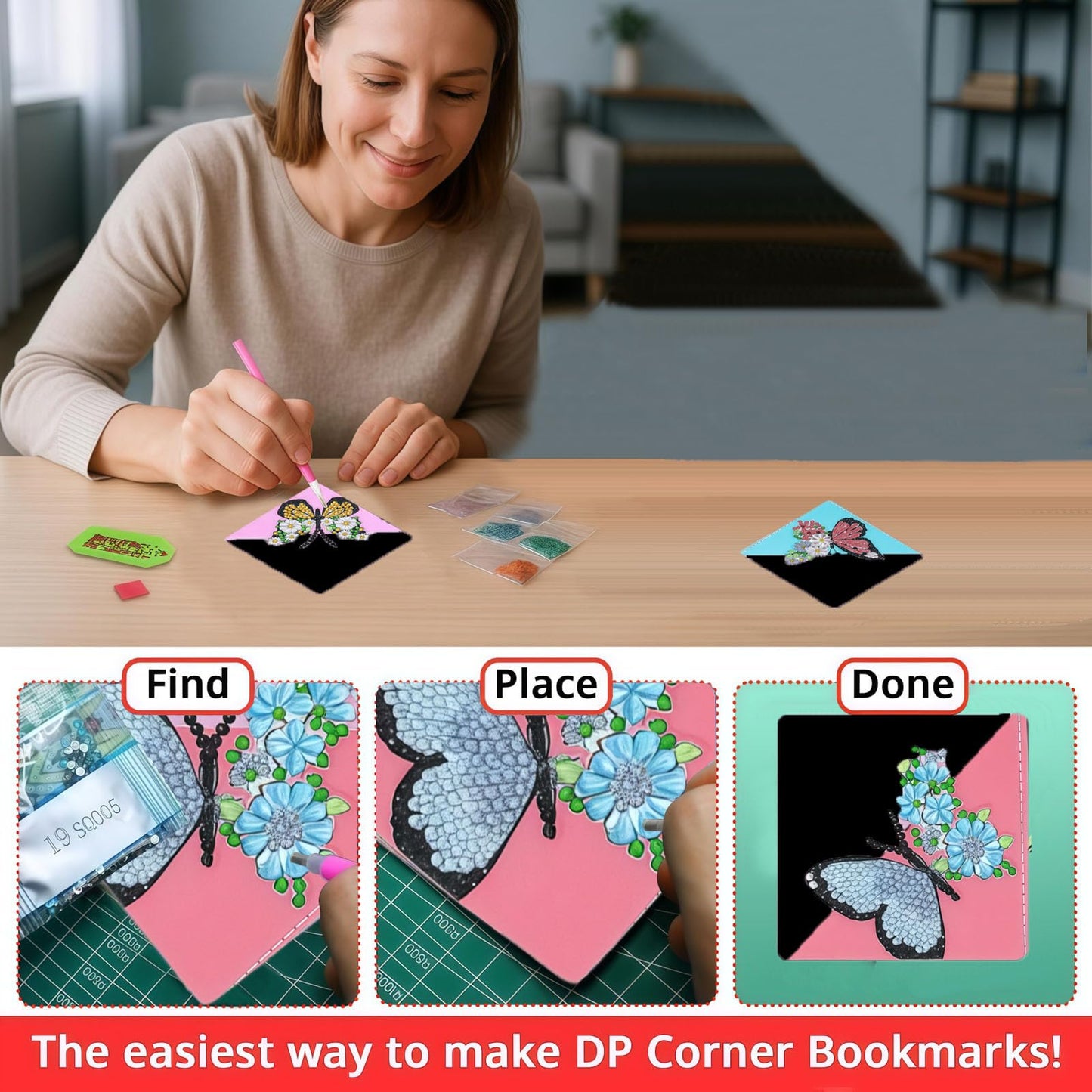 DDGYP 6 PCS Diamond Art Bookmarks, 3.94X3.94 Inch PU Leather DIY Corner Bookmarks with Butterfly & Flower Patterns, Diamond Painting Kits for Adults Book Lovers Home Reading Craft Gift