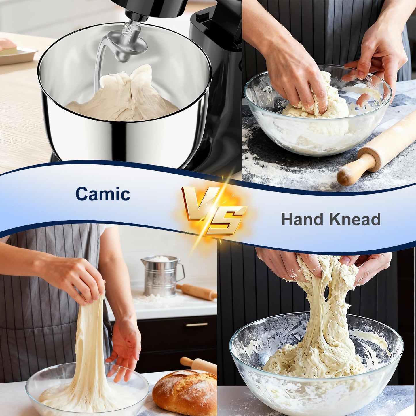 Camic Stand Mixer, 4.2QT+5.3QT Two bowls Electric Food Mixer, 10 Speeds with Digital setting 3-IN-1 Kitchen Mixer for Baking Cakes Cookie Bread Salad with Egg Whisk,Dough Hook,Flat Beater (Black)