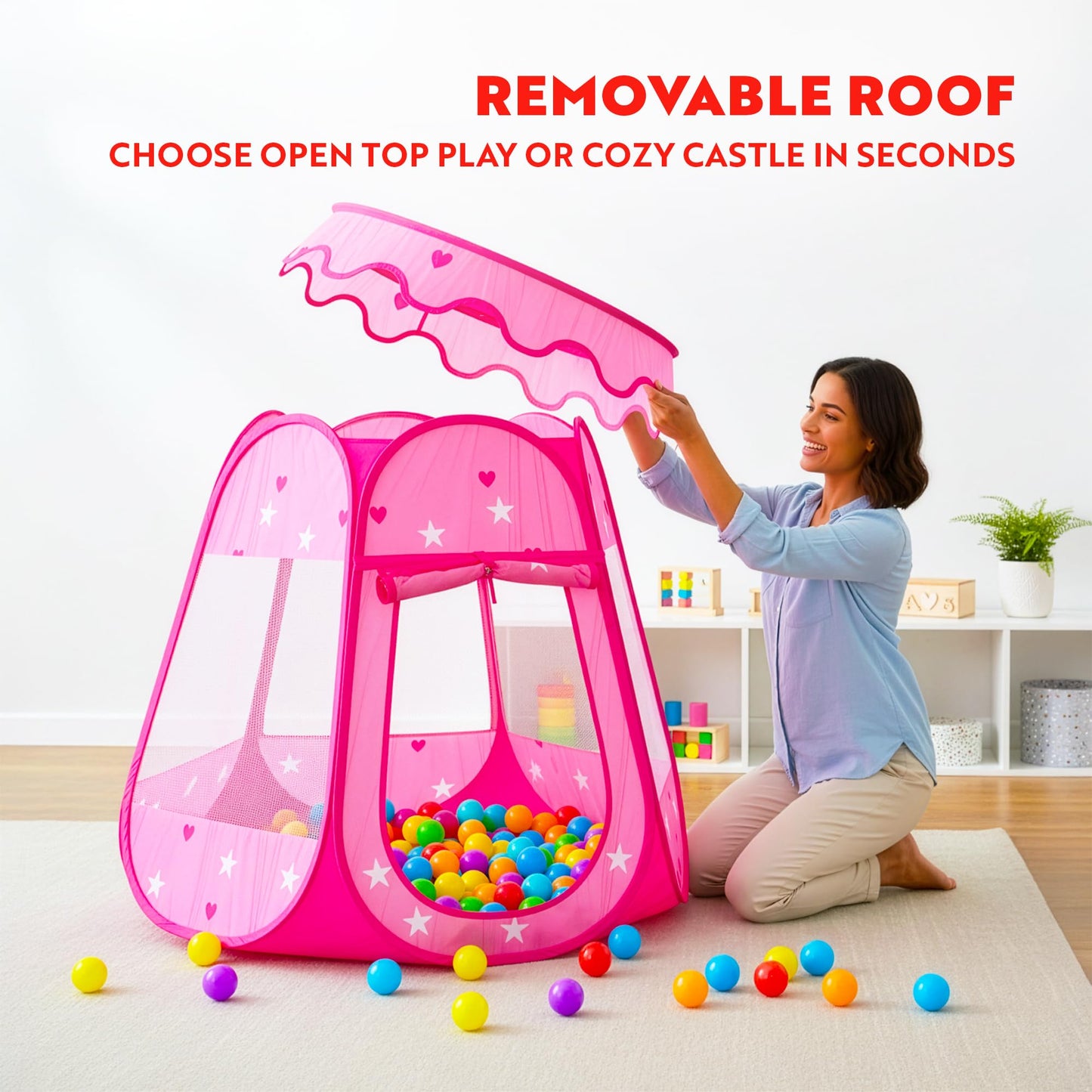 Playz Ball Pit Princess Castle Play Tent for Girls w/ 50 Balls Included - Pop Up Children Play Tent for Indoor & Outdoor Use - Playland Playhouse Tent w/ & Glow in The Dark Stars & Zipper Storage Case