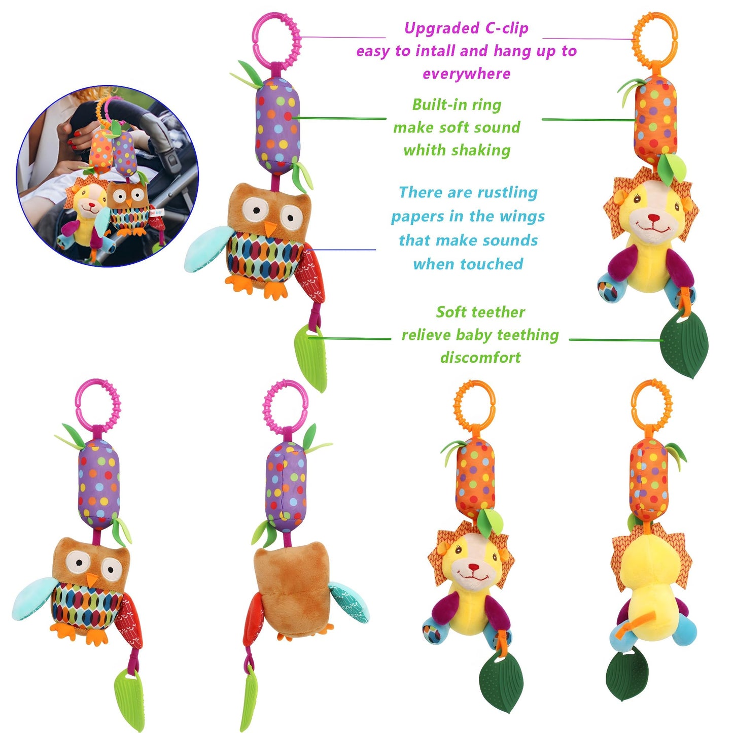 Bloobloomax Baby Soft Hanging Rattle, Car Seat Stroller Toys with Plush Animal C-Clip Ring for Infant Babies Boys and Girls 3 6 9 to 12 Months (4pcs)