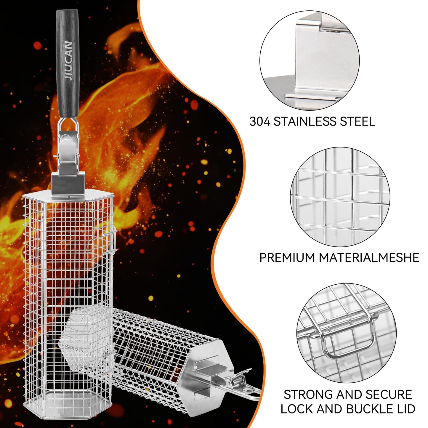 Grill Baskets Set, 2 PCS Stainless Steel Grill Baskets with Removable Wooden Handles, Nesting BBQ Tools, Hexagon Design for Outdoor Cooking Camping, Birthday Gifts for Men Dad Husband