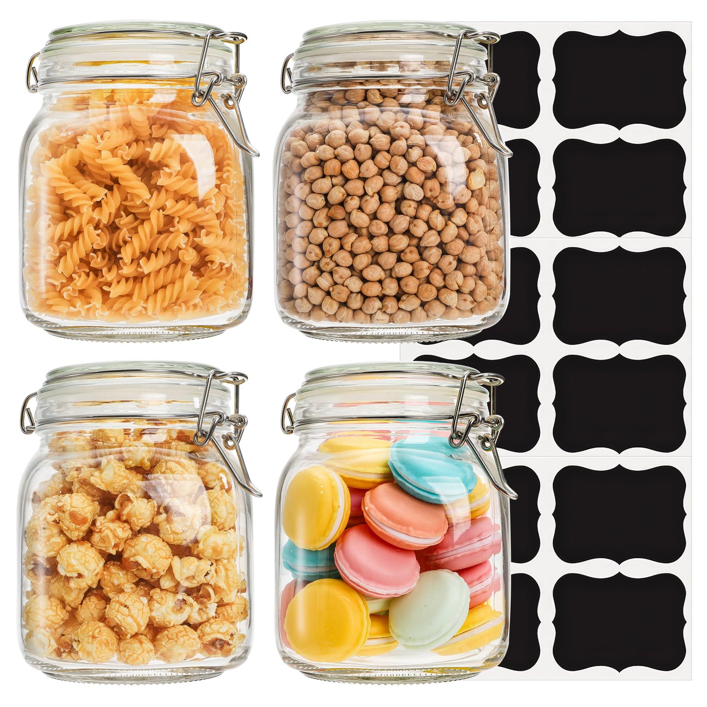 Kingrol 34 oz / 1000 ml Glass Storage Jars (Set of 4), Airtight Clamp Lid Canisters with Wide Mouth for Pantry Organization, Pickling, Fermentation & Dry Food Storage