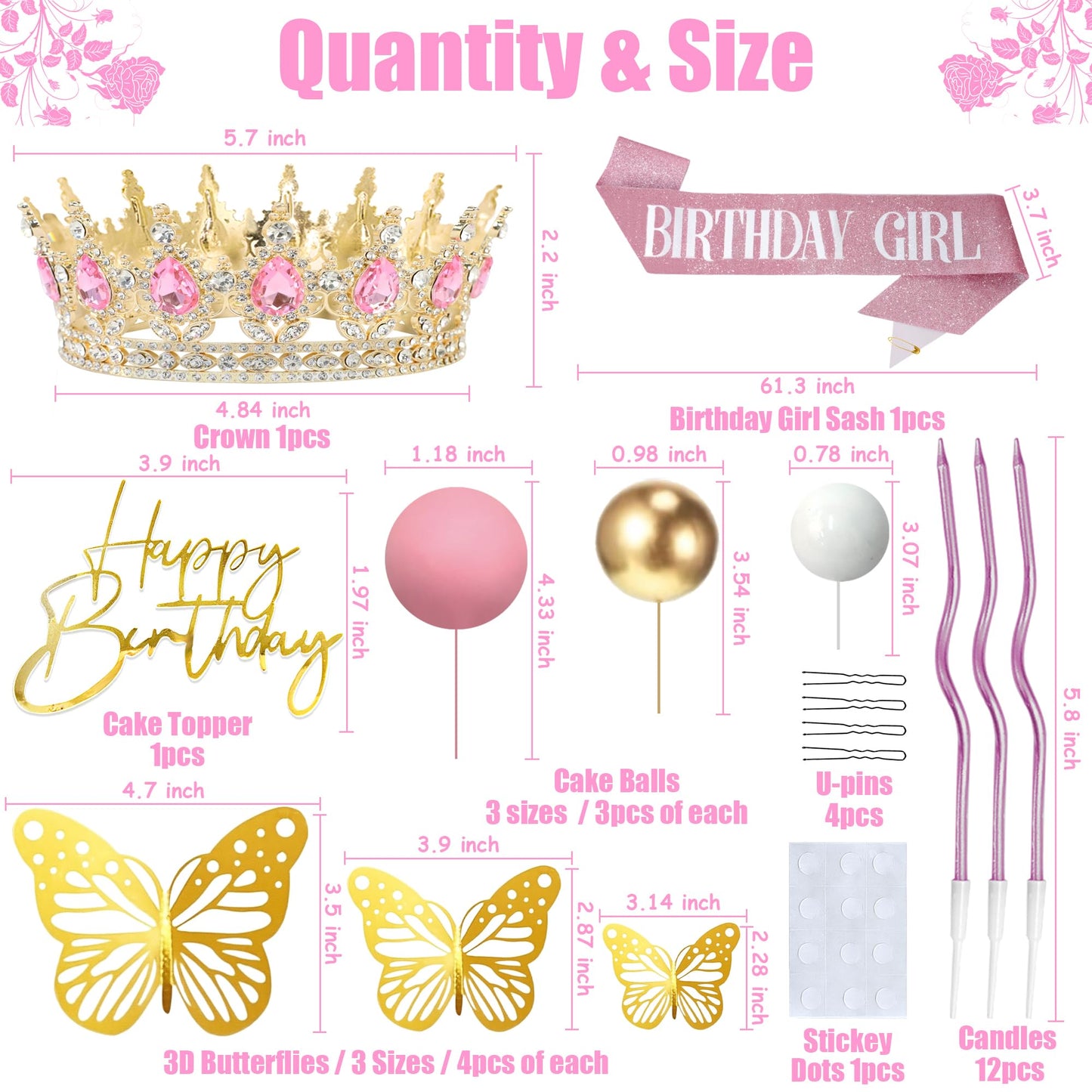 AMZVALU Crown & Birthday Sash for Women - Crown Happy Birthday Cake Topper Candles Balls Butterfly | Corona Para Pastel | Sweet Crown Decorations for Queen Princess Bride Wedding Prom (Gold, Pink)