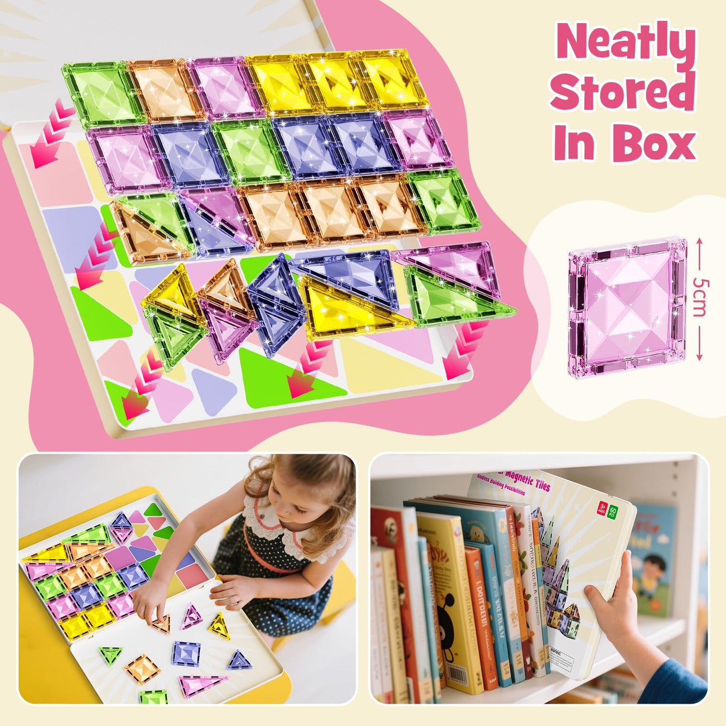 Magnetic Tiles for Kids Ages 4-8, Magnetic Blocks Travel Set with Diamond Surface & Metal Storage Box, 60PCS STEM Learning Toys, Educational Building Gifts for 3-8 Year Olds