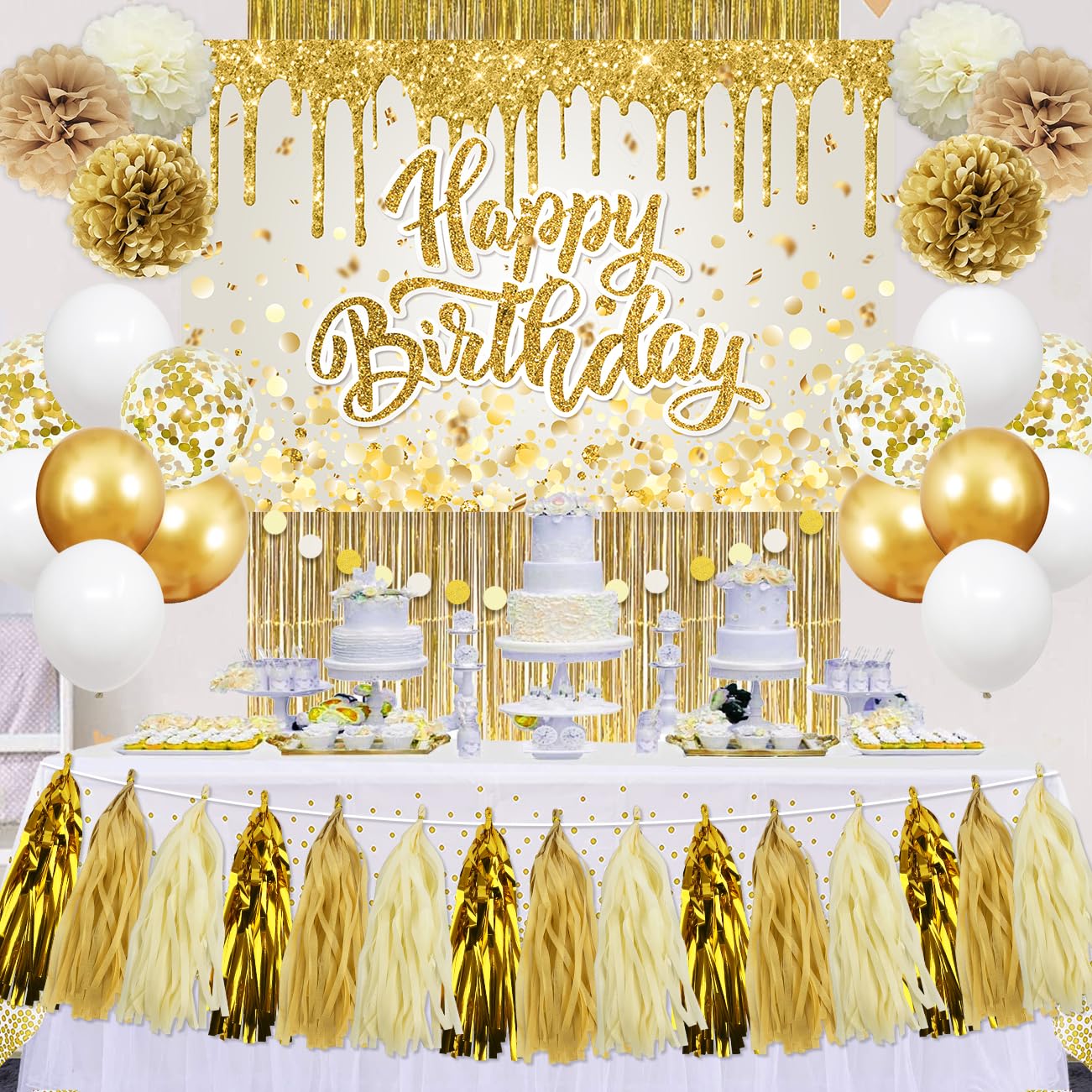 Gold Birthday Party Decorations Set for Women Girls - Happy Birthday Banner, Backdrop, White Balloons, Tassel Curtains, Dot Tablecloth - Party Supplies
