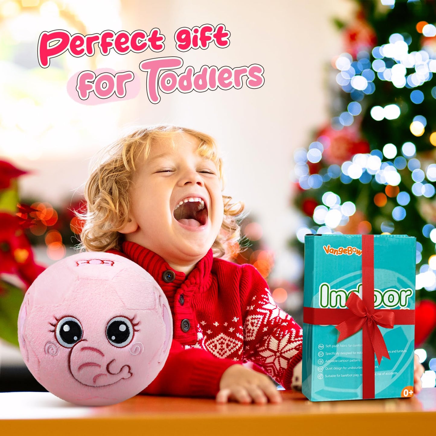 VangeBow Silent Indoor Soccer Balls for Toddlers 1-3, Inflatable Soft Plush Baby Toddler Soccer Ball Toys Gifts for 1 2 3 4 5 Year Old Boy Girl First Birthday Gift (Pink Elephant, Pump Include)