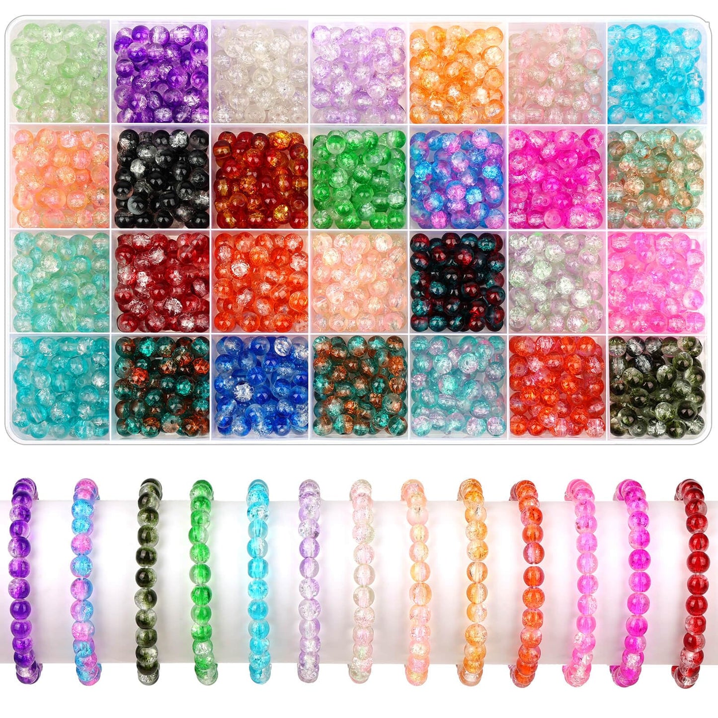 shynek 1400 Pieces 6mm Round Glass Beads for Bracelets, 28 Colors Bracelet Beads, Glass Crystal Beads for Jewelry Making, Bracelet Making and DIY Crafts(Crackle Color)