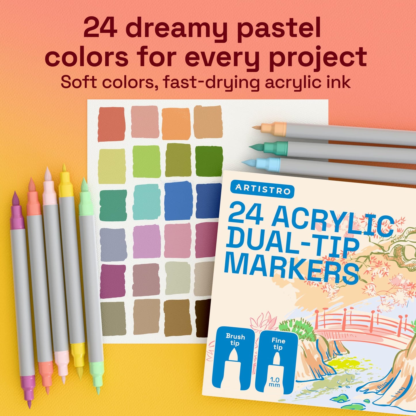 ARTISTRO 24 Pastel Acrylic Paint Markers - Paint Pens for Drawing, Brush + Fine Tips - For Fabric, Rock, Glass, Wood, DIY - Art & Craft Supplies for Adults, Teens, Kids - Teacher Appreciation Gift