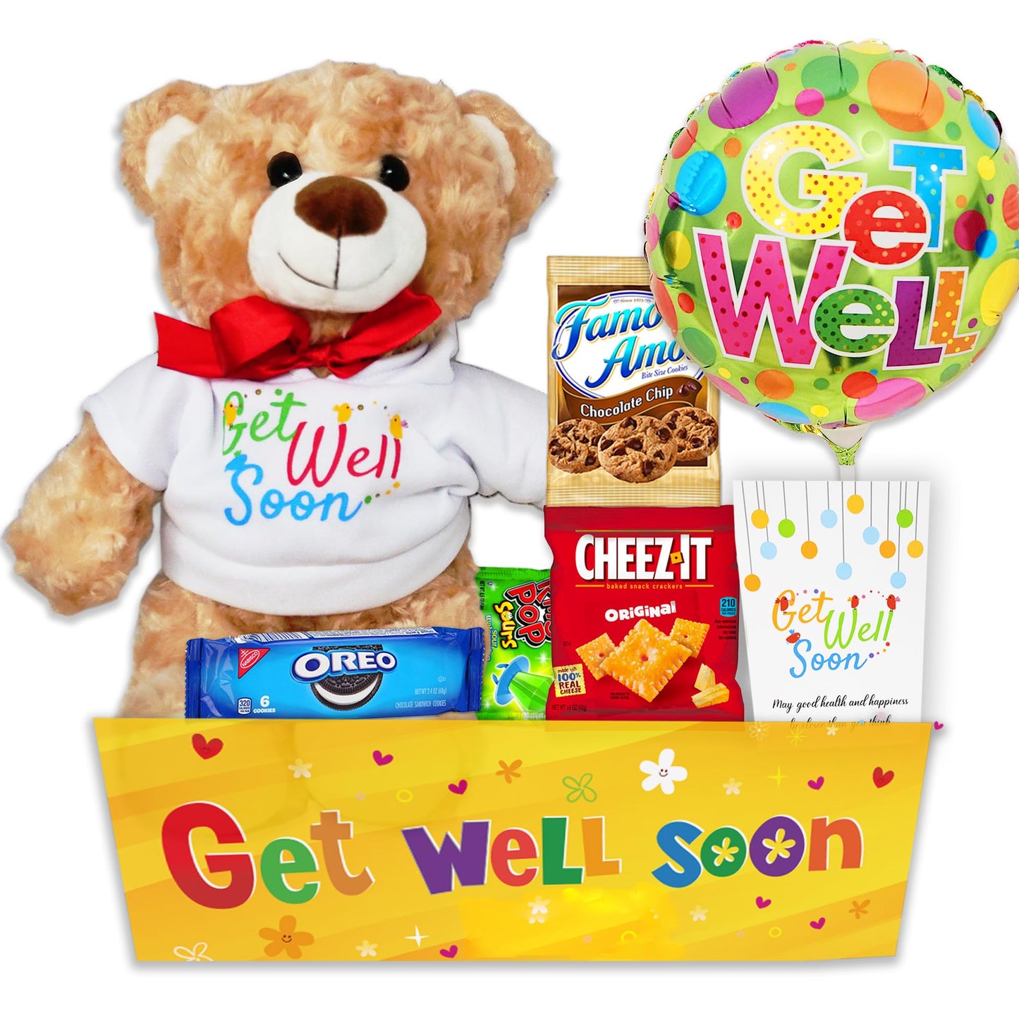 GET WELL GIFT BASKET, care package, w/Teddy Bear & Balloon, Candy & Snacks, greeting card for a sick kid. Recovery gift for a child boy or girl, Feel better soon for home or hospital