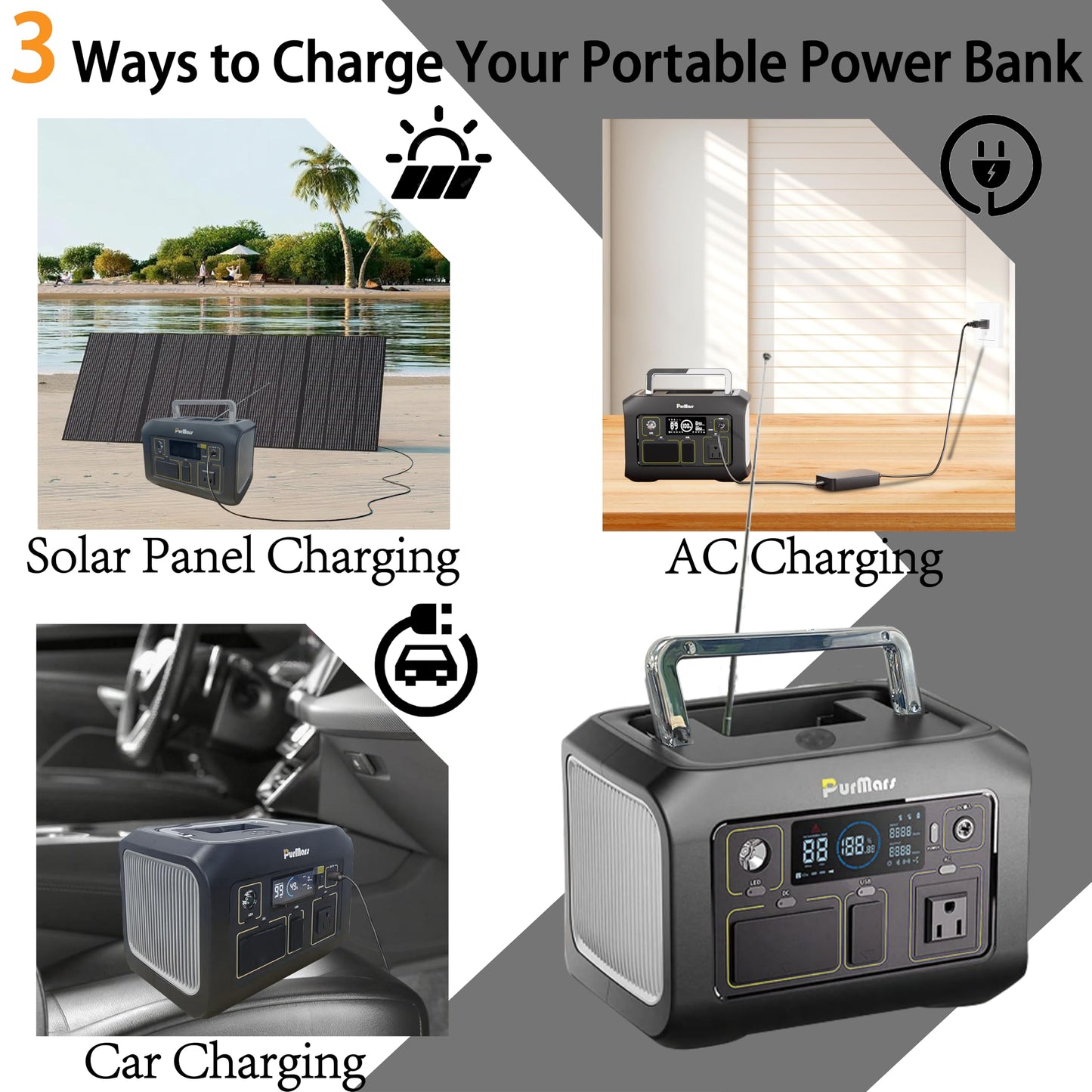 PurMars 300W Portable Power Station (Peak 500W) with Bluetooth Speaker & FM Radio,288Wh Solar Generator,110V AC Outlet,LiFePO4 Power Bank-Portable Power Station for Camping,Solar Power Bank for Home