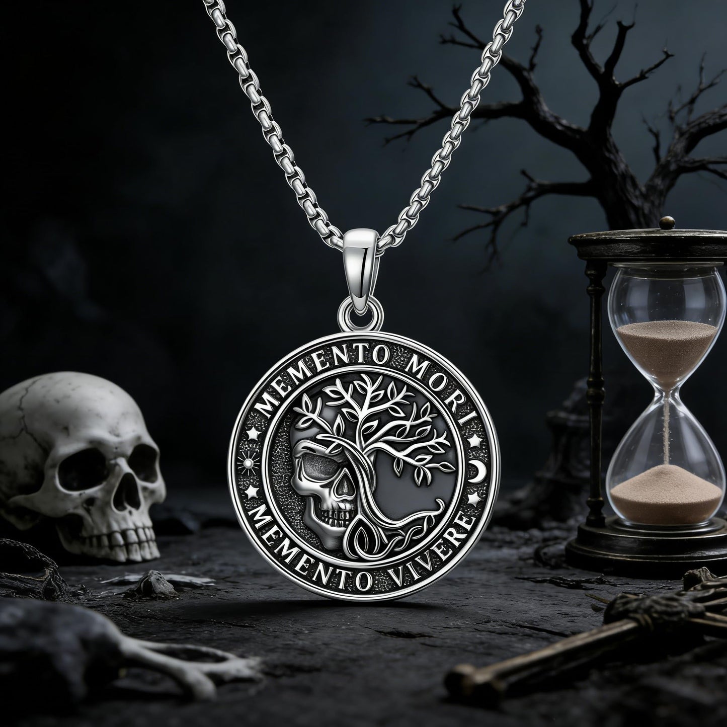 POIUY Memento Mori Necklace for Men Skull Pendant Gothic Tree of Life Hourglass Pendant Gothic Amulet Jewelry Amulet Protection Gift for Him Her