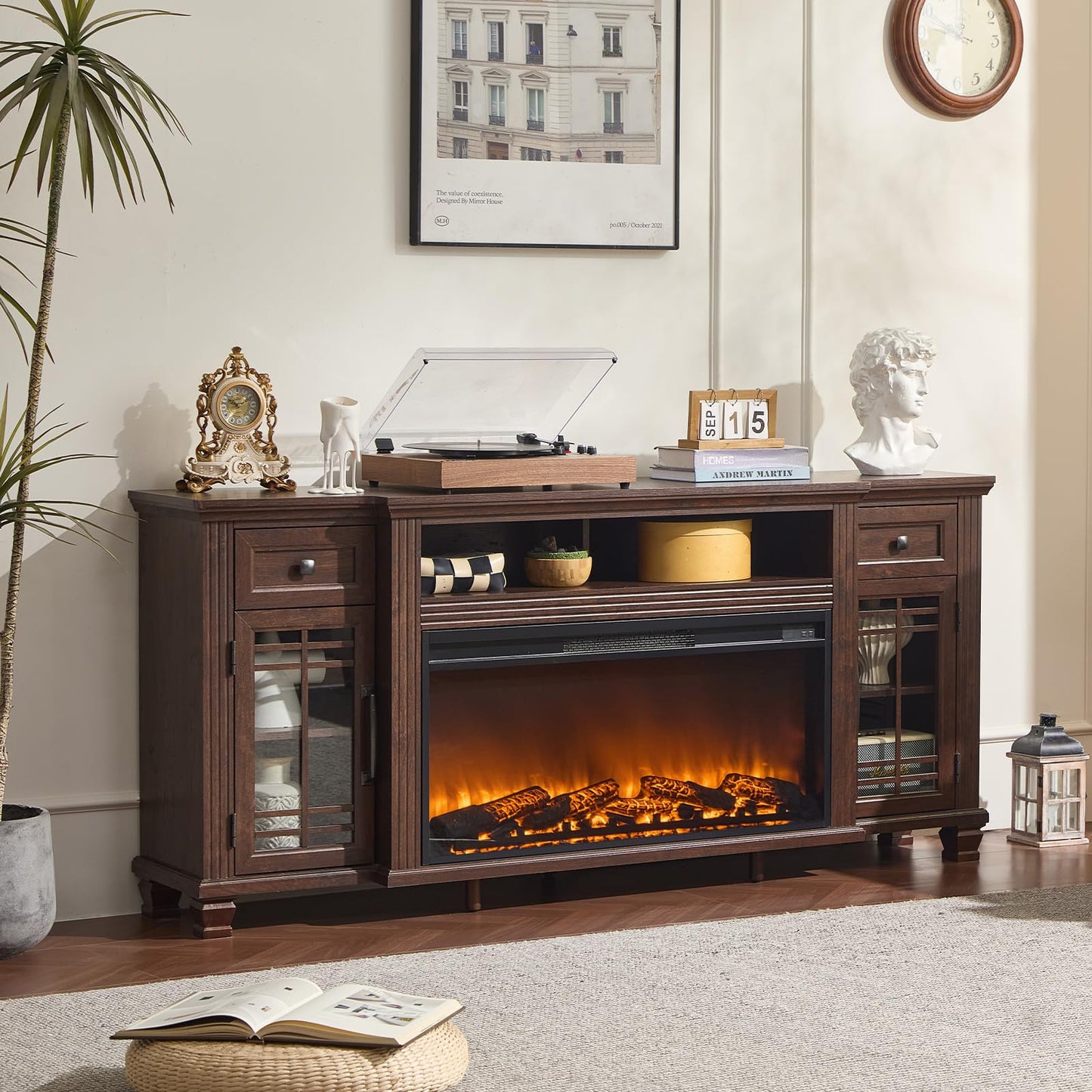 SAVOR LIFE 70" Fireplace TV Stand with 36”Silent Electric Fireplace, Farmhouse Entertainment Center for TVs up to 80", 2 Drawers TV Console with Glass Door Cabinet, Walnut TVs Cabinet for Living Room