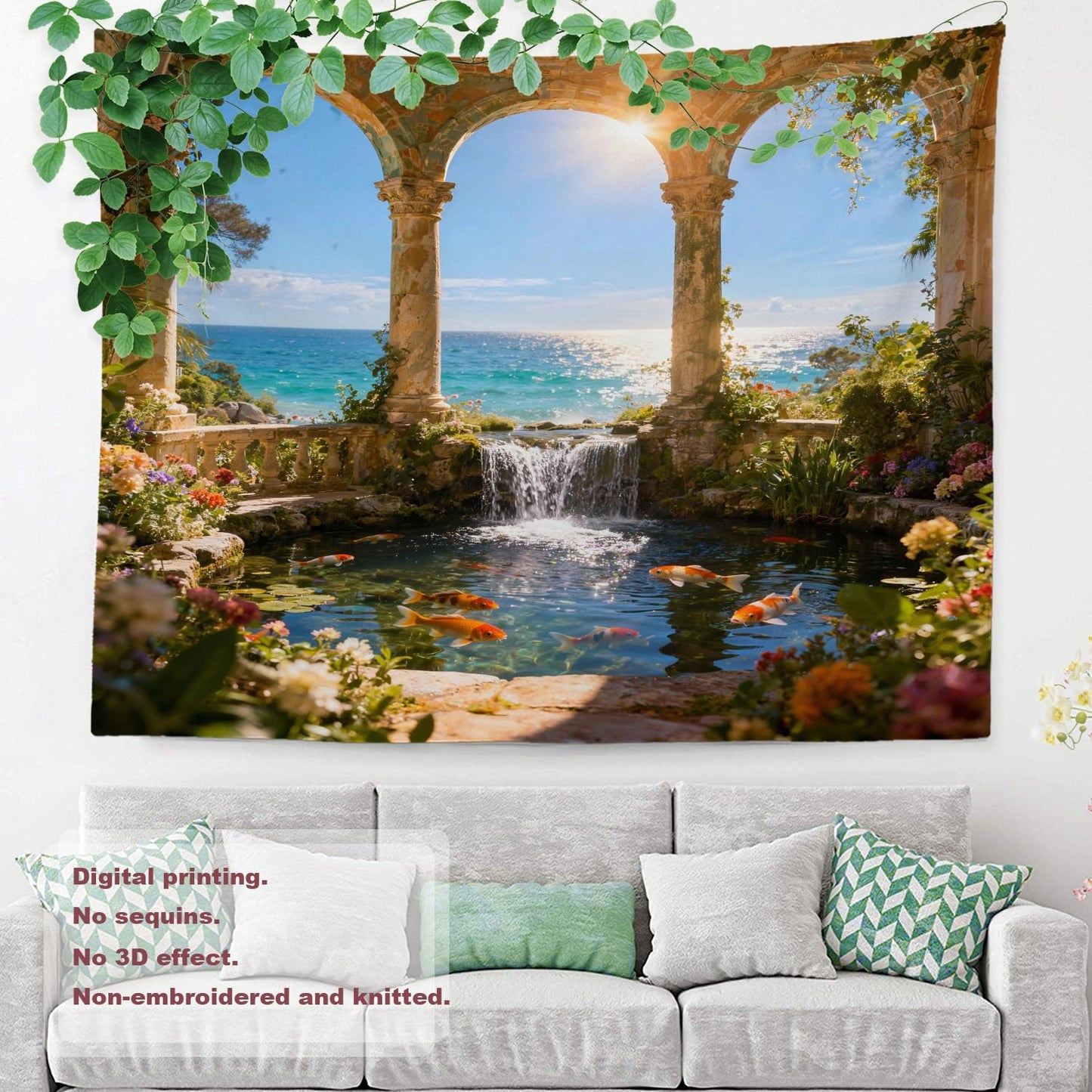 Shrahala Green Beautiful Landscape Wall Tapestry, Palace Beauty Retro Pavilion Waterfall Nature Scenery Wall Hanging Large Tapestry Decoration Fiber White Hem Around For Dorm Room Bedroom 30 X 40 In