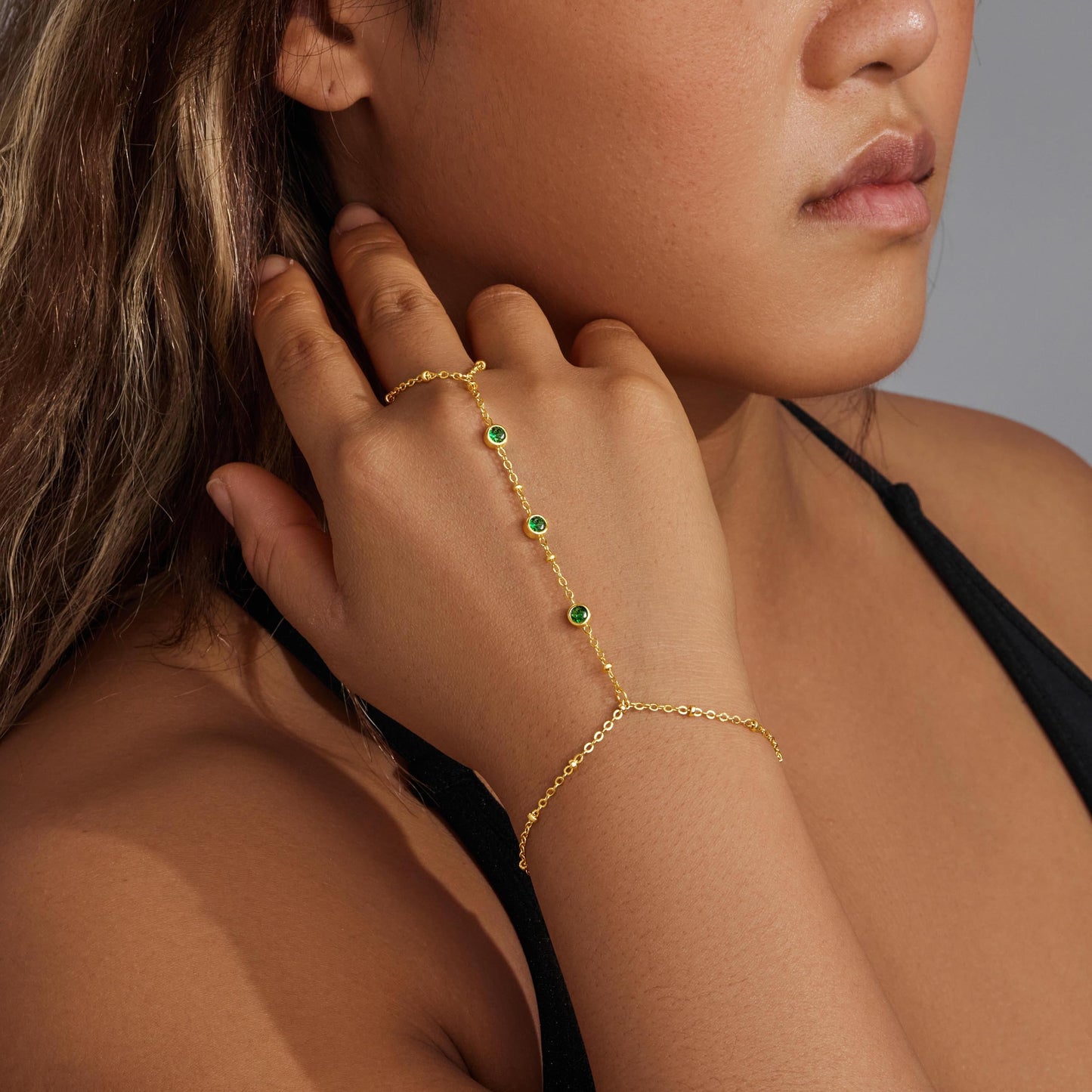 Poxtex Gold Bracelets for Women Waterproof, Gold Green CZ Diamond Bezel Hand Chain Bracelets, Dainty Adjustable Bracelets for Women Trendy, St Patrick's Day Jewelry Gifts for Women