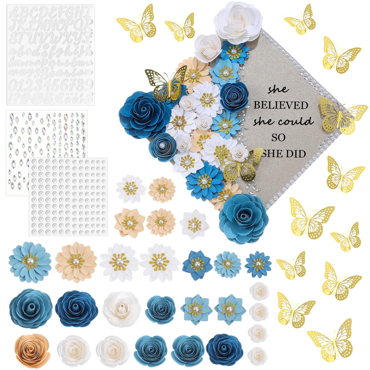 Thiccywoov 43 Pcs Graduation Cap Decorations Kit Includes Artificial Flowers Faux Flower Heads 3D Butterfly Stickers Pearl Rhinestones Glitter Stickers for Grad Cap Topper DIY Graduation Gift(Blue)