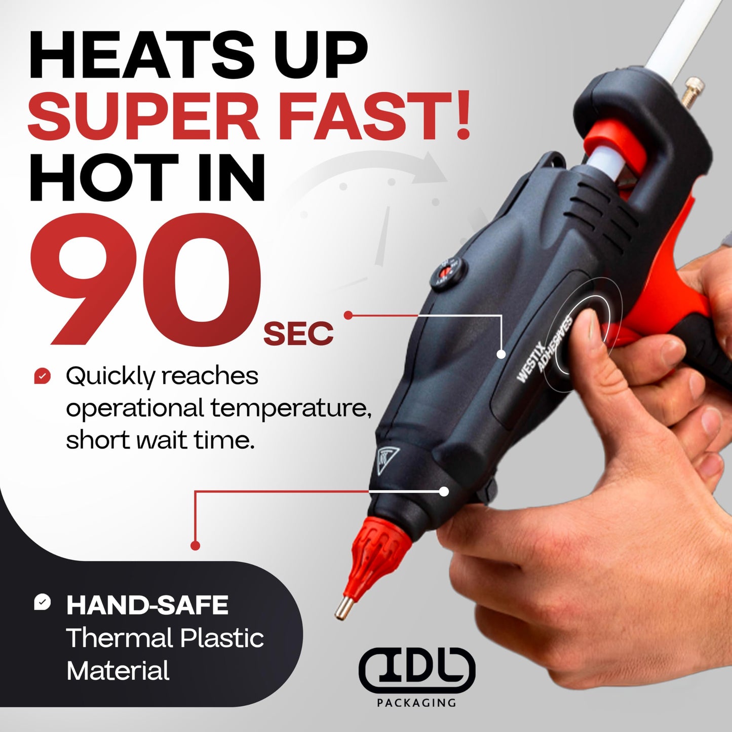 IDL Packaging GG-5810 Industrial 450W Hot Glue Gun with 10 pcs Glue Sticks - 5/8" x 10" Full-Size Glue Sticks - Hot Glue Gun Kit for Variety of Surfaces: Foam, Vinyl, Leather, or Upholstery