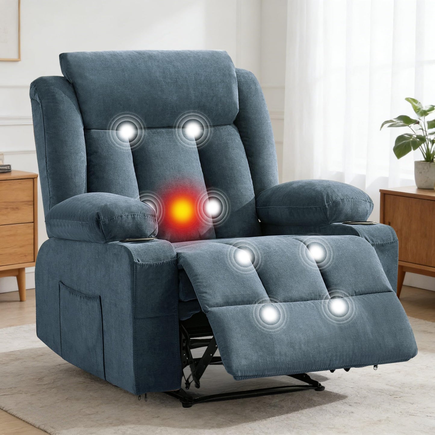 IDEALHOUSE Recliner Chair with Massage and Heat, 37.4" Oversized Recliner with Vibration Massage and Side Pocket, Reclining Chair for Living Room, Bedroom, Blue