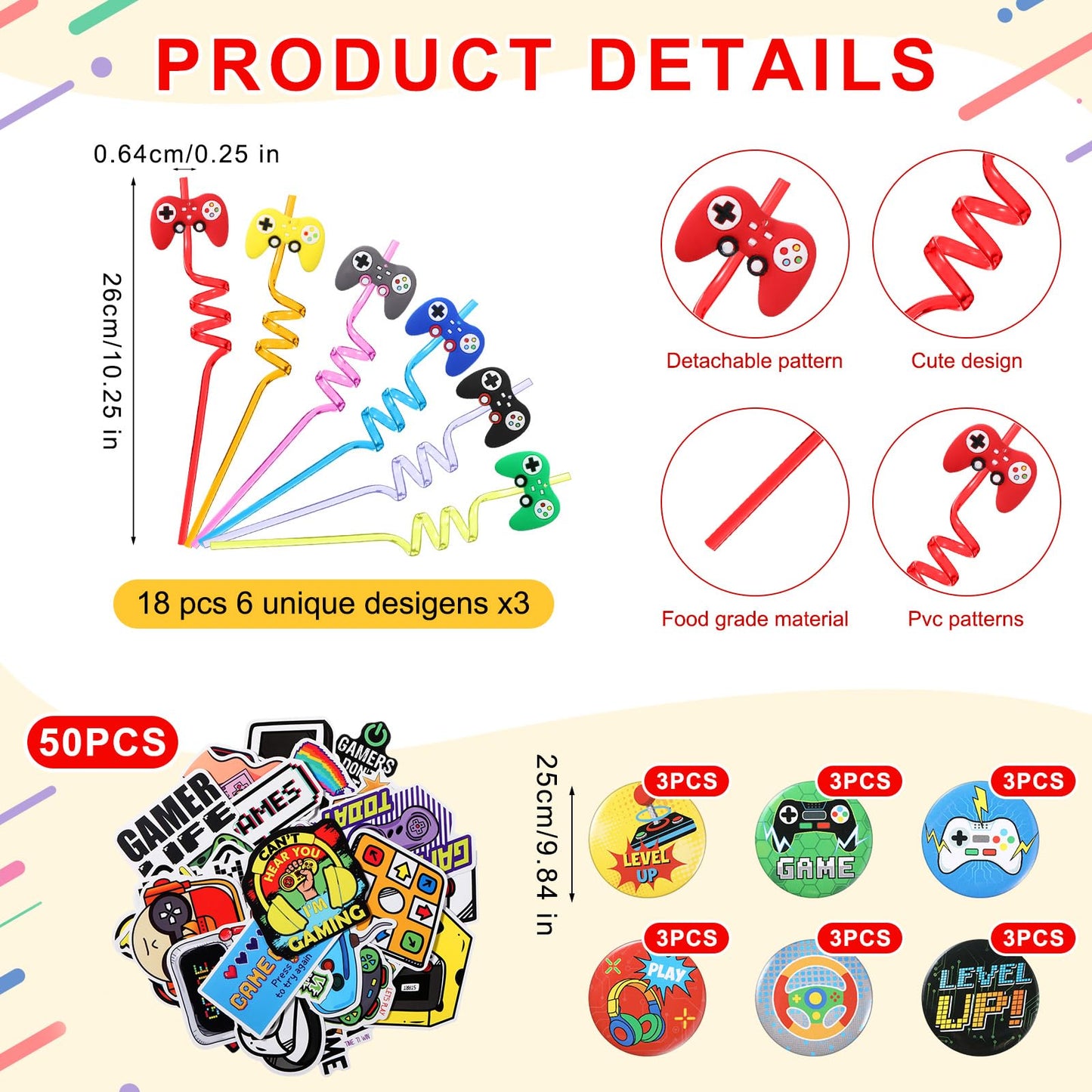 Sadnyy 140 Pcs Gaming Party Favors Video Game Birthday Decorations Supplies Drawstring Bags with Silicone Bracelets Keychains Straws Button Pins Stickers for Party Rewards Goodie Bags Stuffers