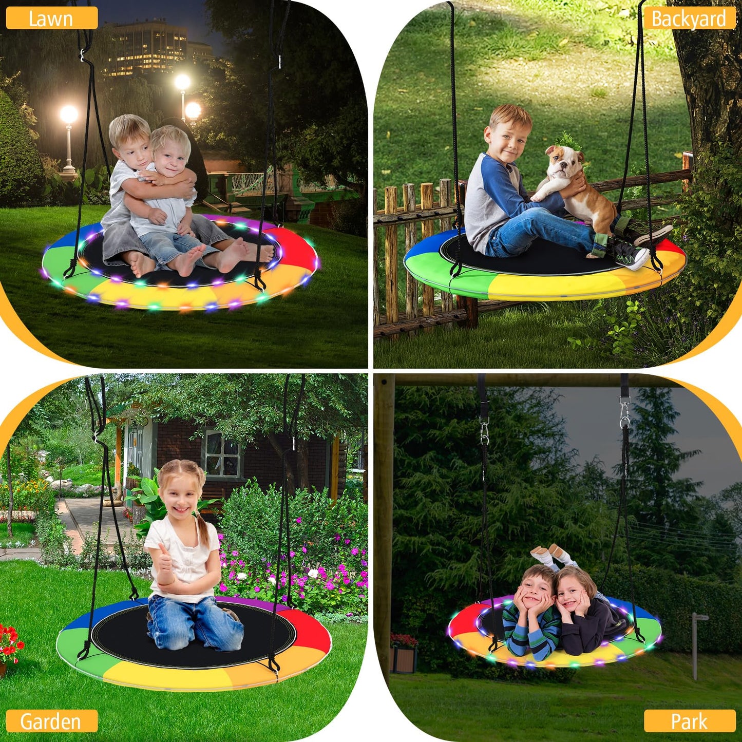 GLACER 40" Flying Saucer Tree Swing, 660 lbs Capacity Indoor Outdoor Hanging Round Swing with LED Lights, Adjustable Hanging Ropes, Ideal Gifts for Kids & Adults (Colorful)