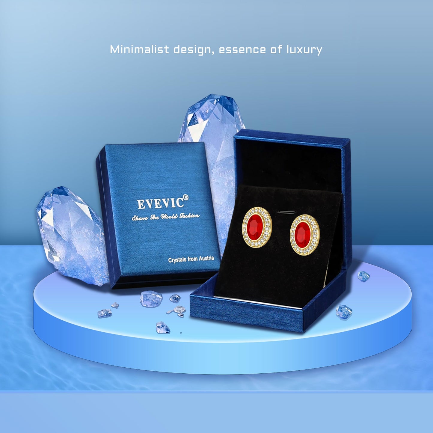 EVEVIC Austrian Crystal Halo Oval Stud Earrings for Women Trendy,14k Gold Plated Hypoallergenic Earring Jewelry Gift (Red)