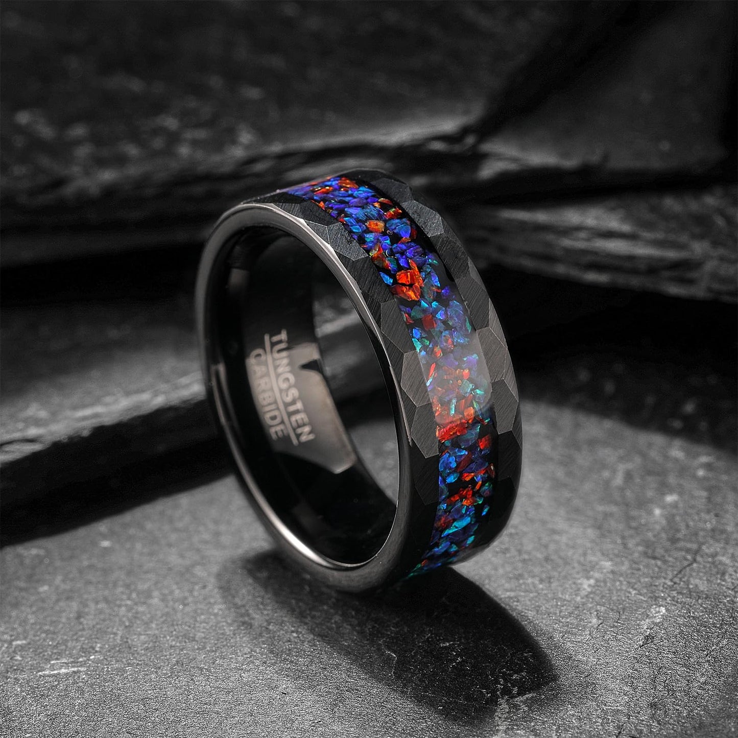 NUNCAD Mens Wedding Ring Black with Opal Inlaid 8mm Engagement Band Tungsten Carbid Ring Hammered Matte Finish Comfort Fit Sizes 11