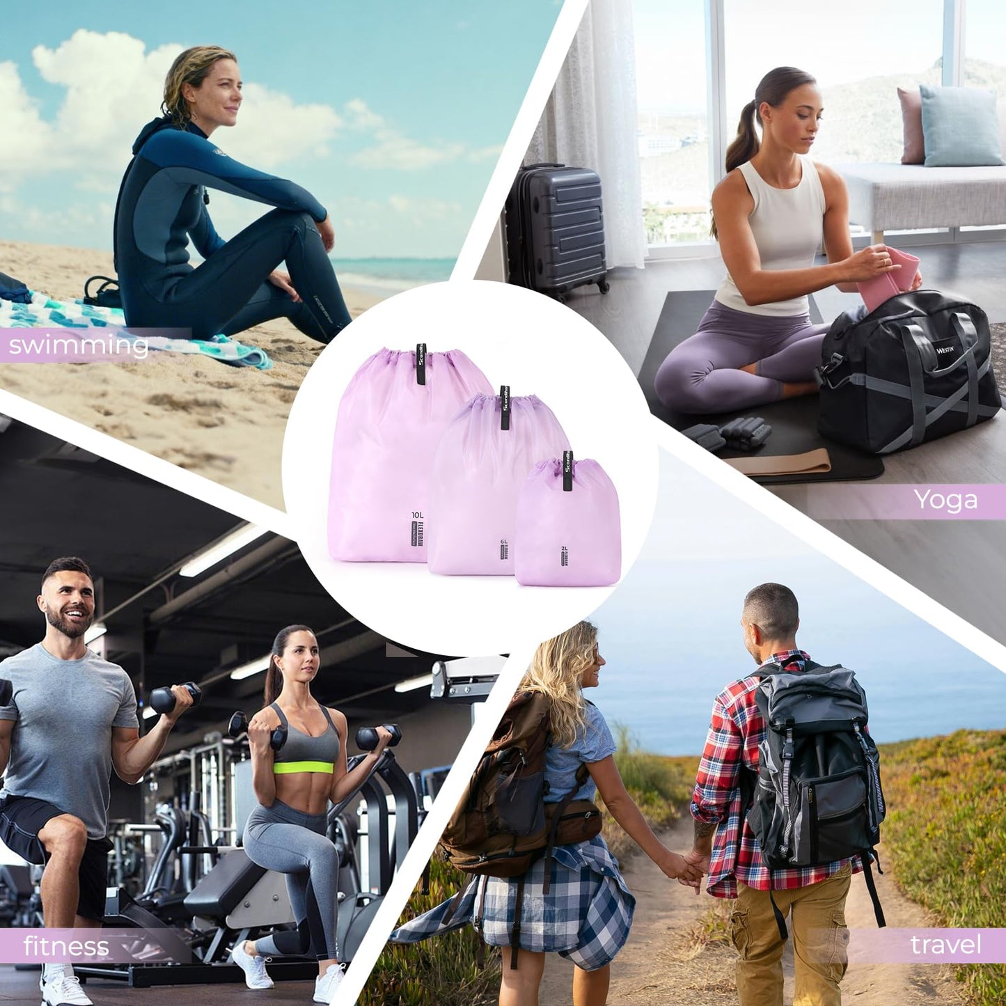 Scandihome 3 Set Packing Cubes for Travel, Ultralight Luggage Organizer Bags Waterproof Storage Bag, Multiple Sizes Reusable Drawstring Bags Used Essential for Gym Swim (Purple)