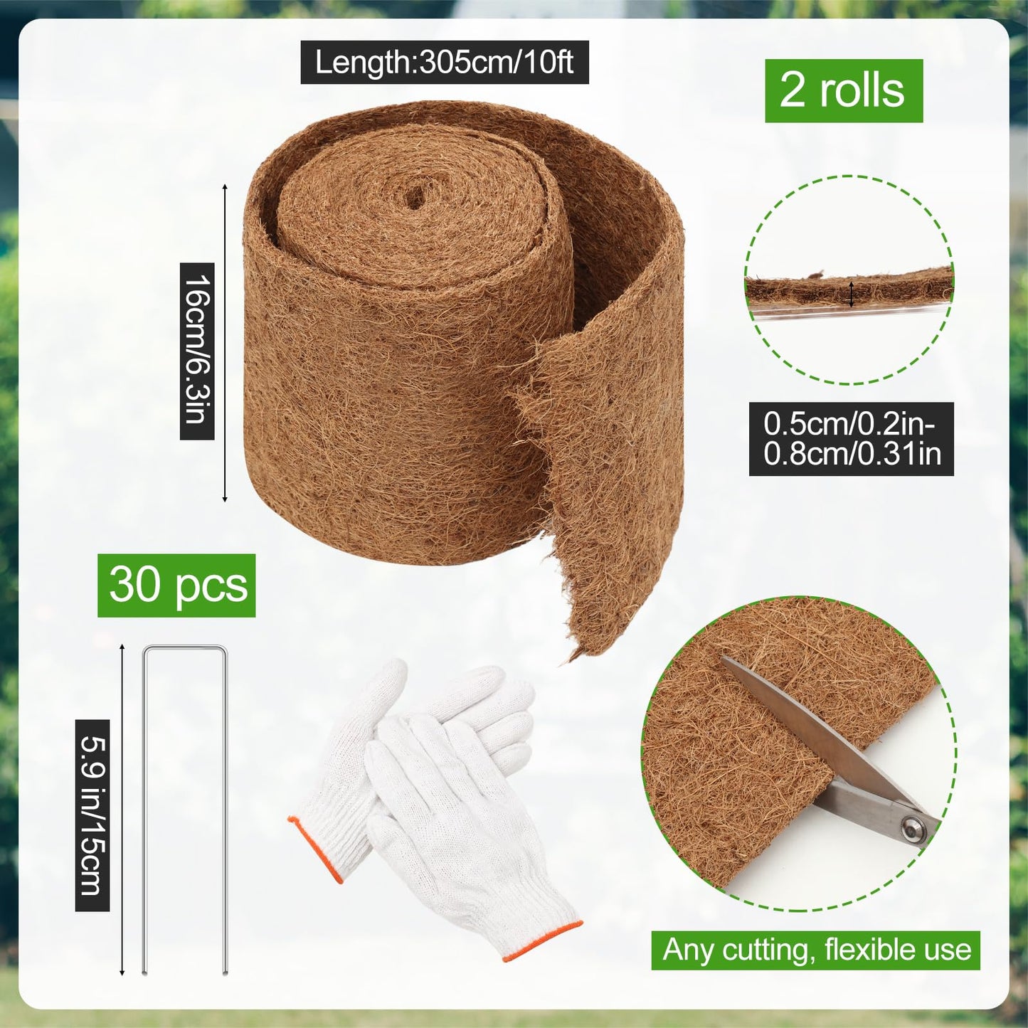 Timgle 2 Pcs 120" x 6.3" Natural Coconut Fiber Liner Mulch Roll, Coir Liner Garden Weed Barrier Mat with 30 U-Shaped Steel Stakes for Landscaping, Garden Edging Border, Planters, Vegetables & Flowers