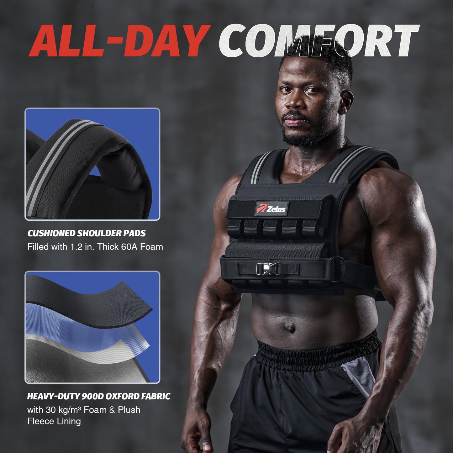 ZELUS Weighted Vest Men, 23/36/45 lb. Weight Vest with 10/16/20 Adjustable Iron Weights for Muscle Building Strength & Functional Training, Weighted Vest for Men with Reflective Strips, 45 lb.