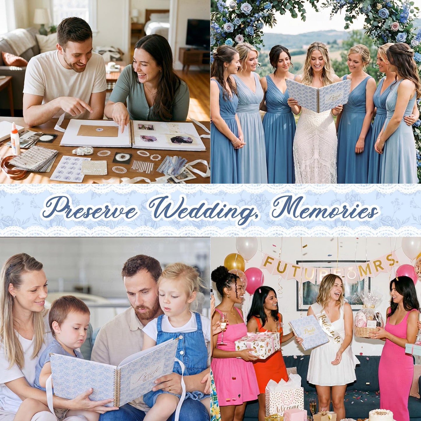 Humyoun Wedding Guest Book Letters to The Bride Scrapbook Wedding Memory Book Bridal DIY Blank Paper Scrapbook Photo Album Guest Sign with Pearl Stickers(12 x 12 Inch,Floral,Blue)
