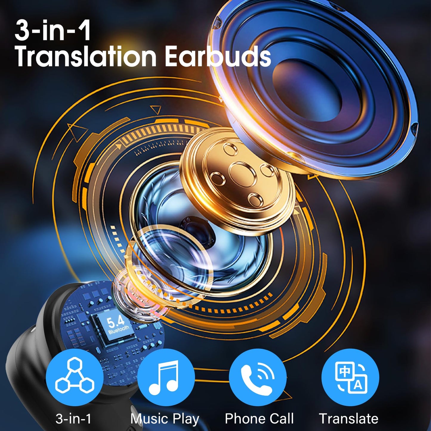 AI Language Translator Earbuds Real Time, 164 Language/6 Translation Modes Translator Earbuds 3-in-1 Translation Headphones, Bluetooth 5.4 Translation Device for Travel Business Learning, Black