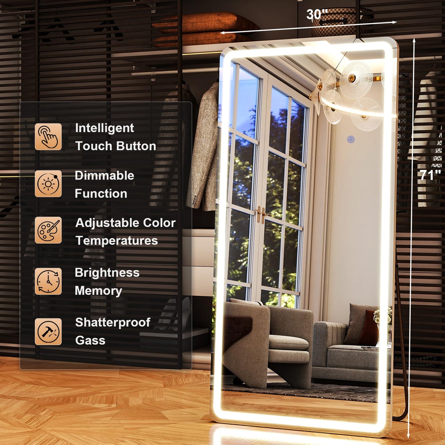 XRAMFY LED Rectangular Corner White Full Length Mirror - 30“ x 71” Brightness Adjustable, Touch Screen Control, Wall Mounted or Freestanding, for Bedroom Living Room Cloakroom Dressing Mirror