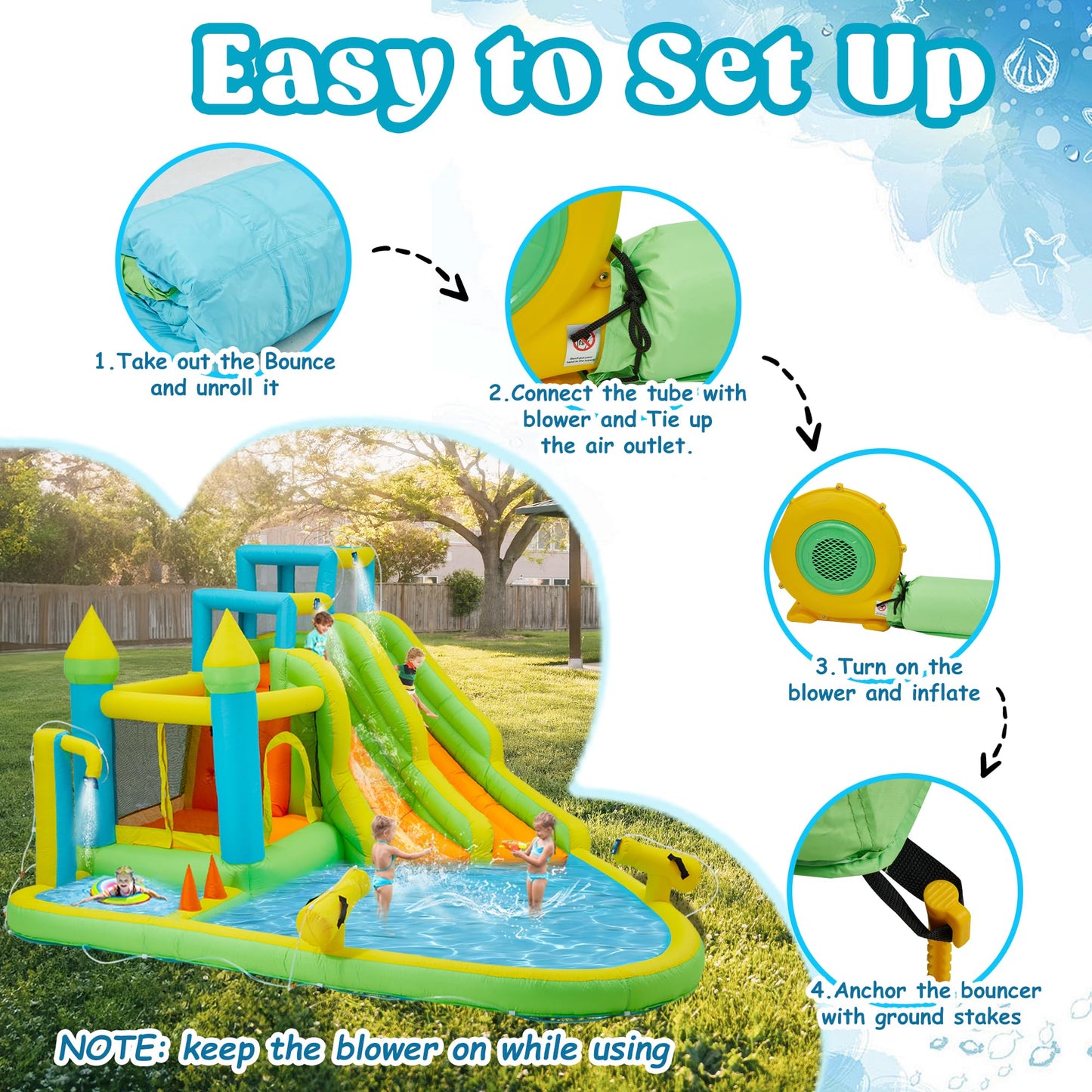 HOMMOW Inflatable Water Slide,10 in 1 Water Park Bounce House for Kids 3-12 with Blower,Splash Pool, 2 Slides, Water Cannon, Climbing Wall,Blow up Water Slides for Kids Outdoor Backyard