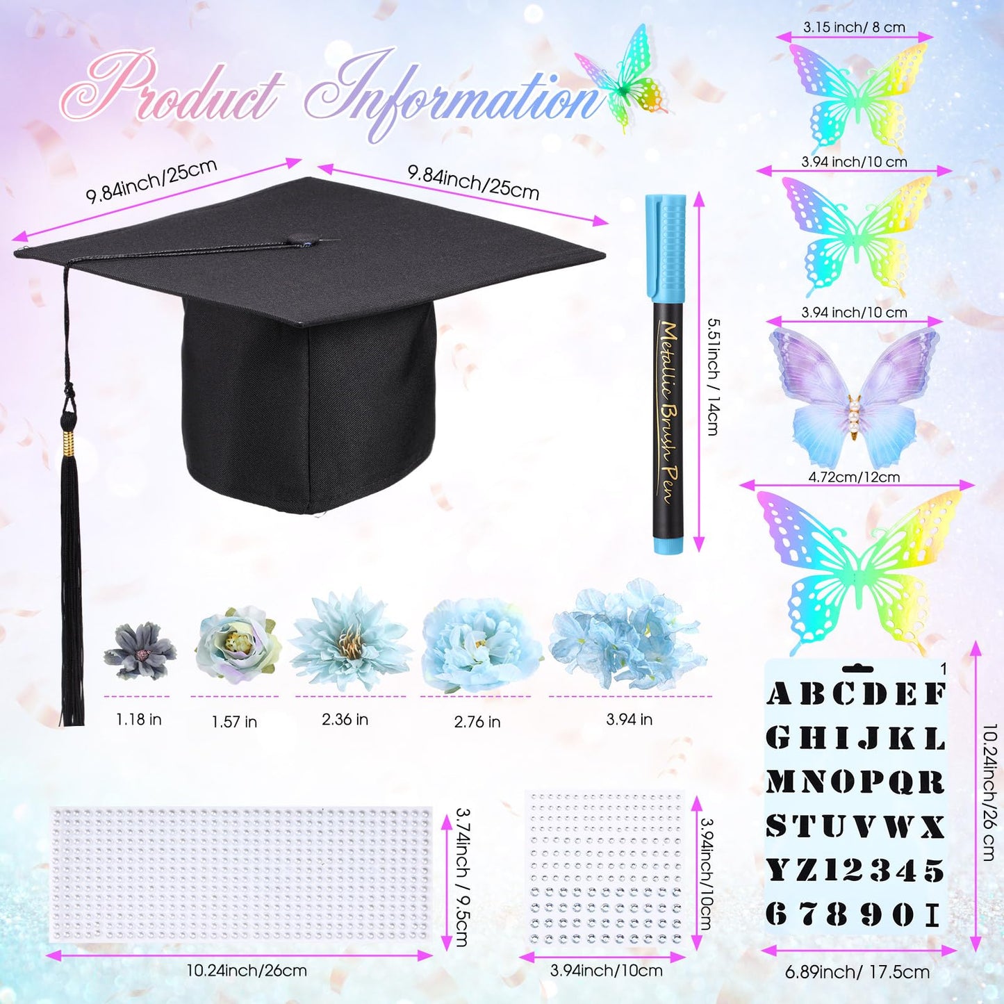 Lyrow 51 Pcs DIY Graduation Cap Decorations Kits Included Grad Cap Pens Faux Flowers Letter Number Stencils Rhinestones Stickers 3D Butterflies for Grad Hat Topper Decors Craft Art DIY(Dark Blue)