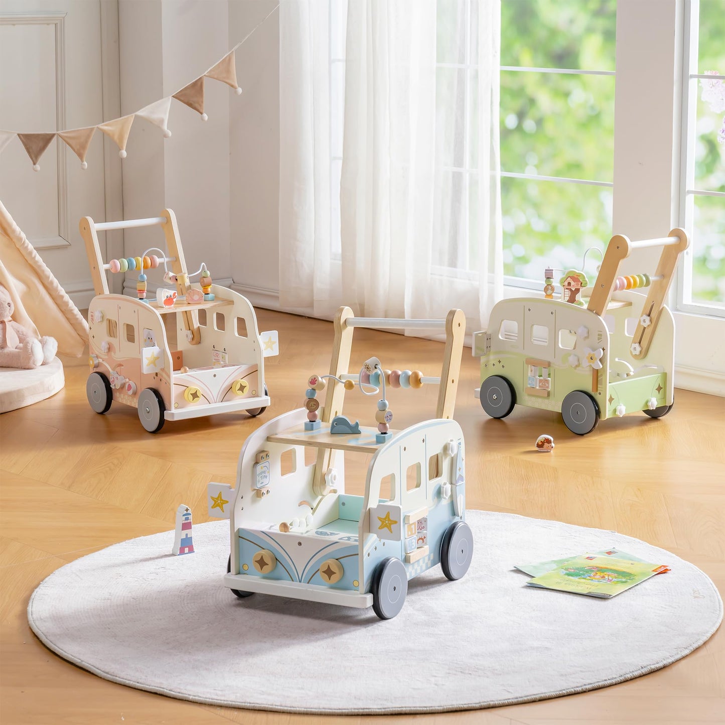 ROBOTIME Wooden Baby Walker, Baby Push Walker, Ajustable Speed Multi-Functional Baby Walker with Wheels for Babies Learning to Walk, Sit-to-Stand (Green)