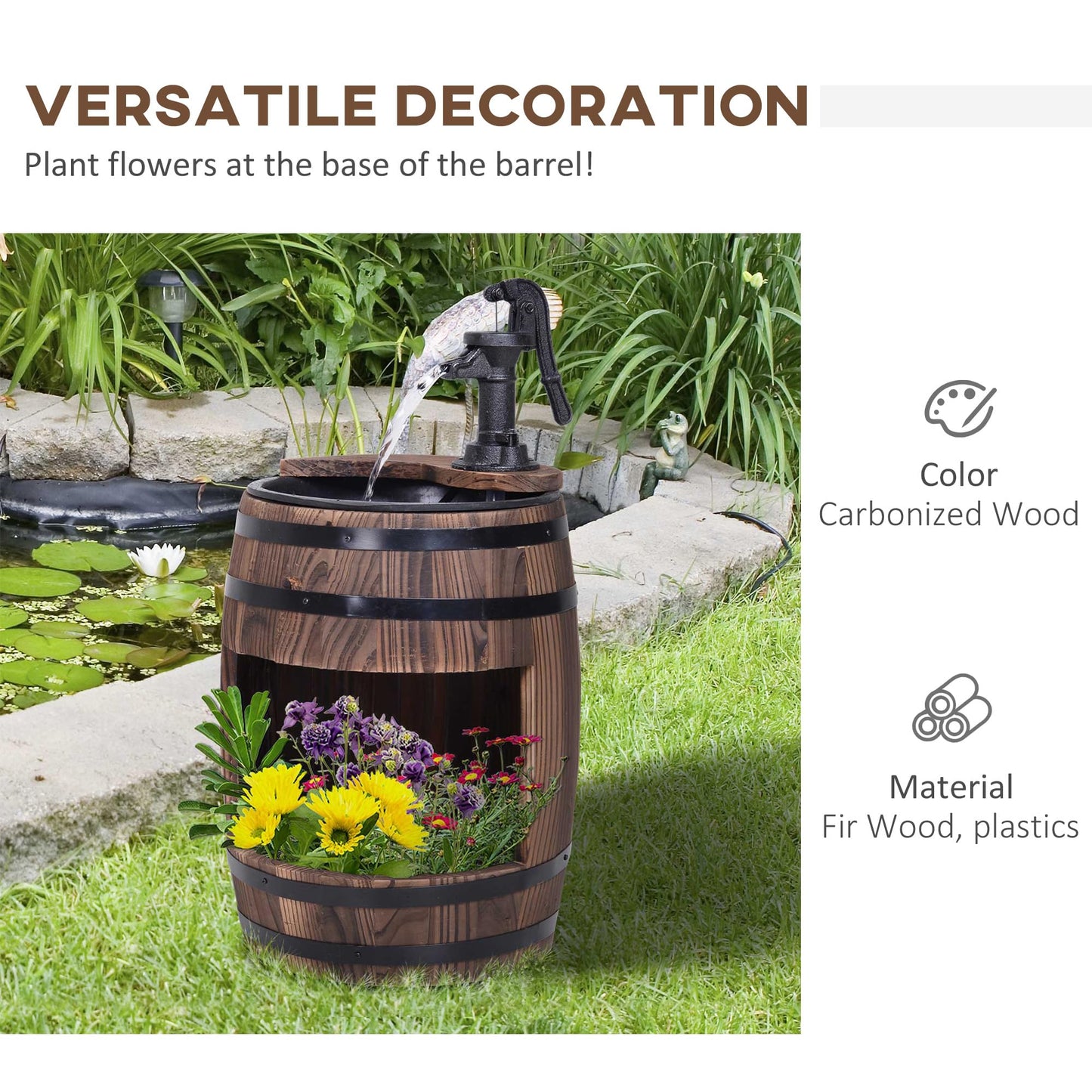 Outsunny 23" H Outdoor Water Fountain Wood and Plastic Rustic Apple Barrel Pump Garden Decor for Outside Backyard