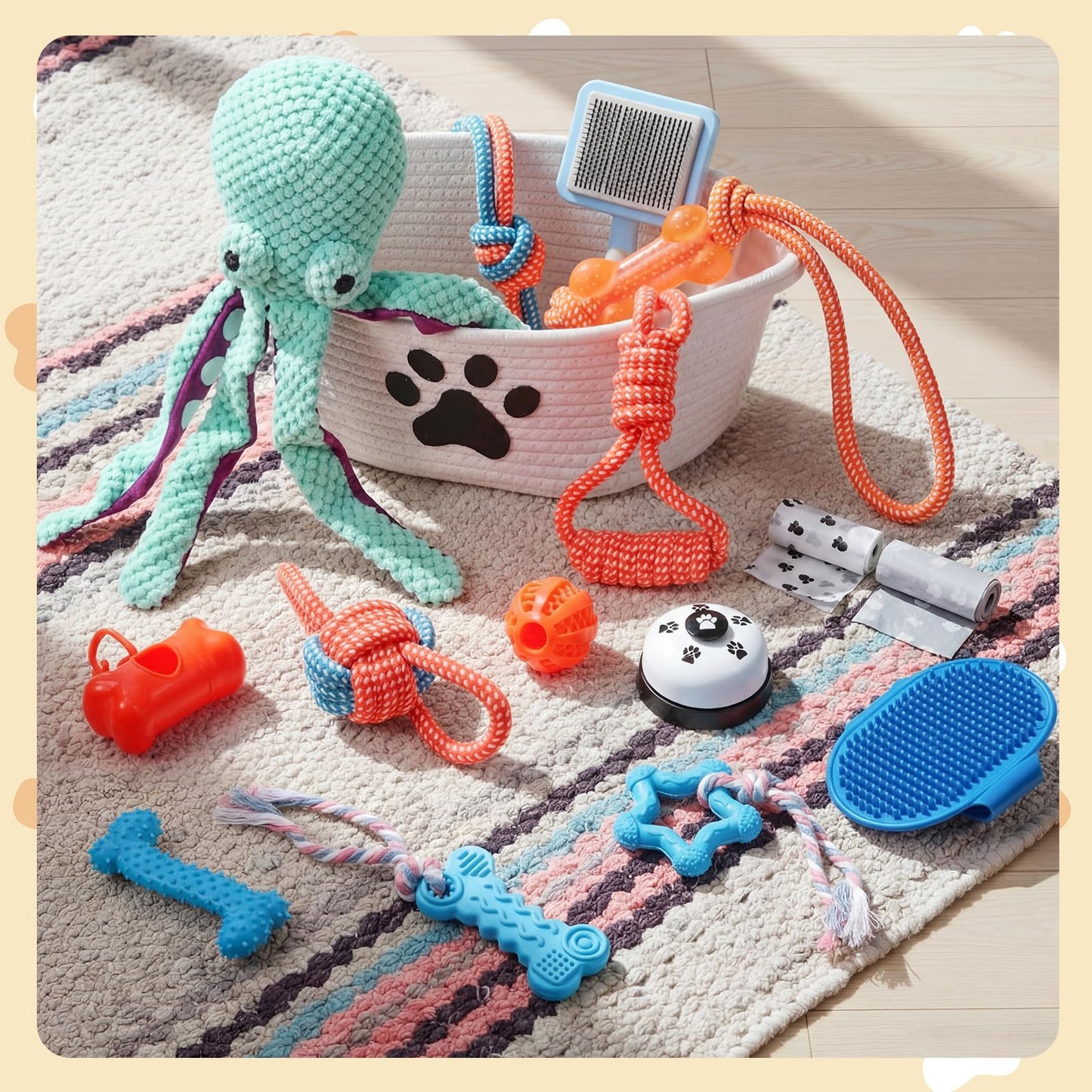 Zopeal 17 Pcs Mother‘s Day Puppy Gift Set, Dog Toy & Essentials Bundle with Chew Toys, Poop Bag Dispenser, Grooming Brush, Training Bell, Blanket & Rope Basket