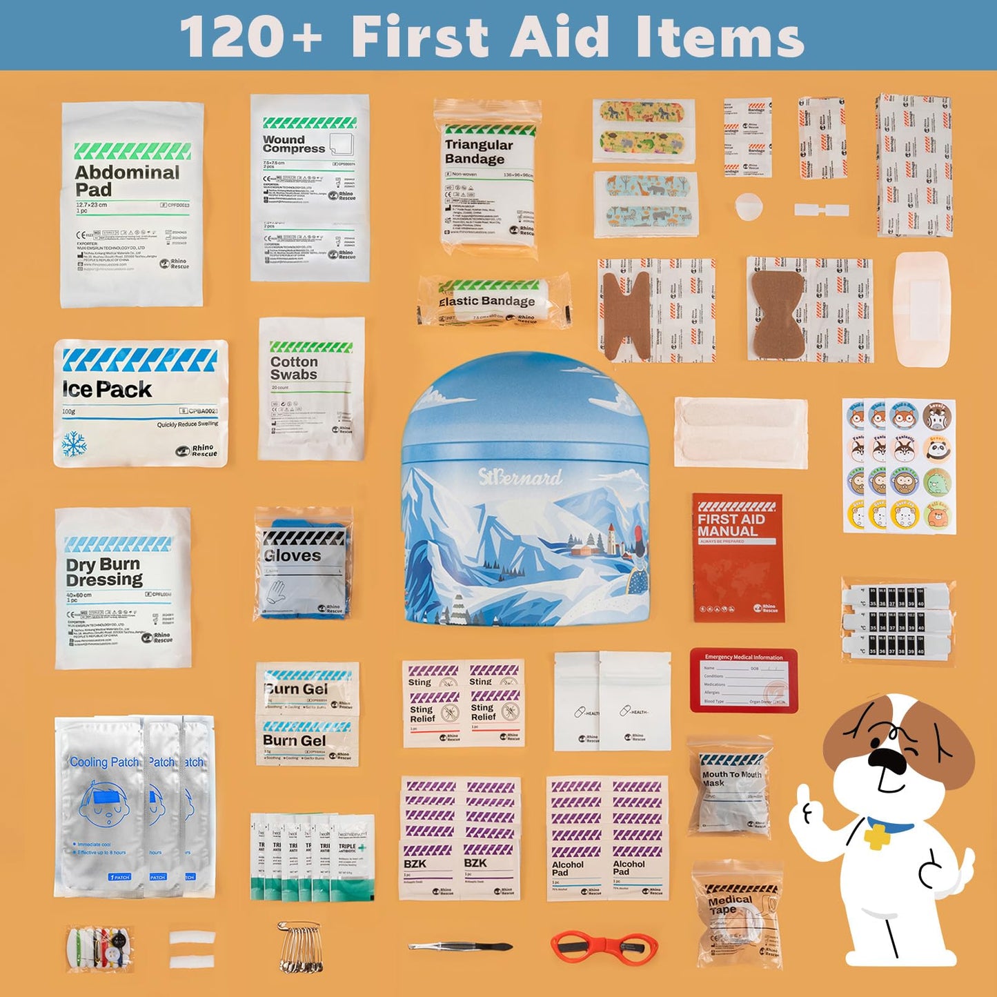 StBernard Home First Aid Kit Complete Family in Music Box - 120+ Professional Medical Essentials, Emergency Kit for Family, Kids, Classroom, Gifts (Alpine Snowscape)
