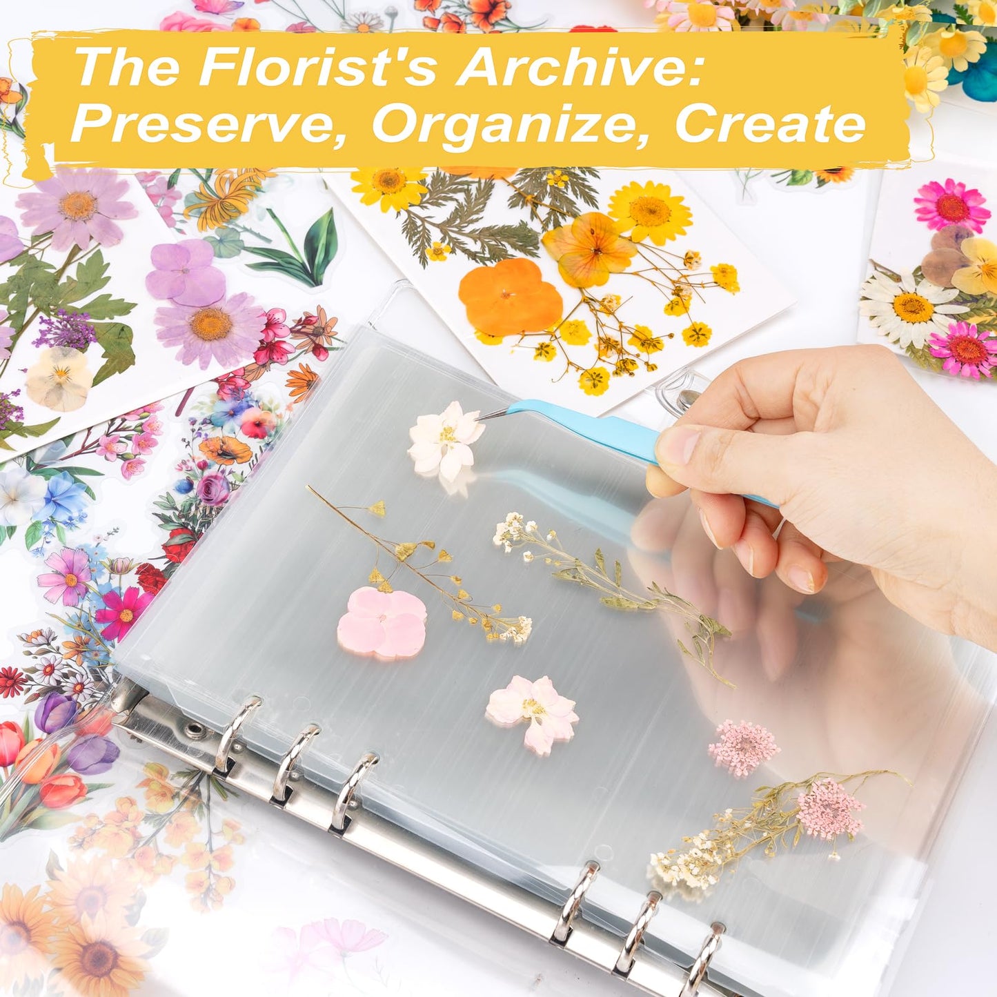 Alvian A4 Dried Flower Pressing Scrapbook Kit - 50pcs Floral Stickers & Transparent Pages for Pressed Flower Storage, Organizing, Resin Art & Scrapbooking - Ideal Gift for Gardeners, Plant Lovers