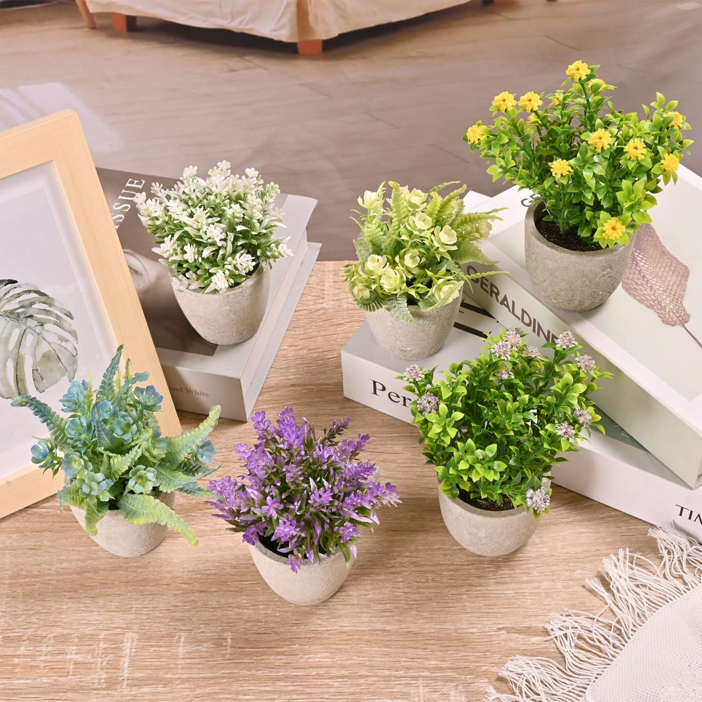 LUEUR Set of 6 Potted Artificial Flowers Arrangement, Fake Flowers with Vases Faux Flowers in Pot for Centerpiece Table Decorations Spring Decor for Home Office Desktop