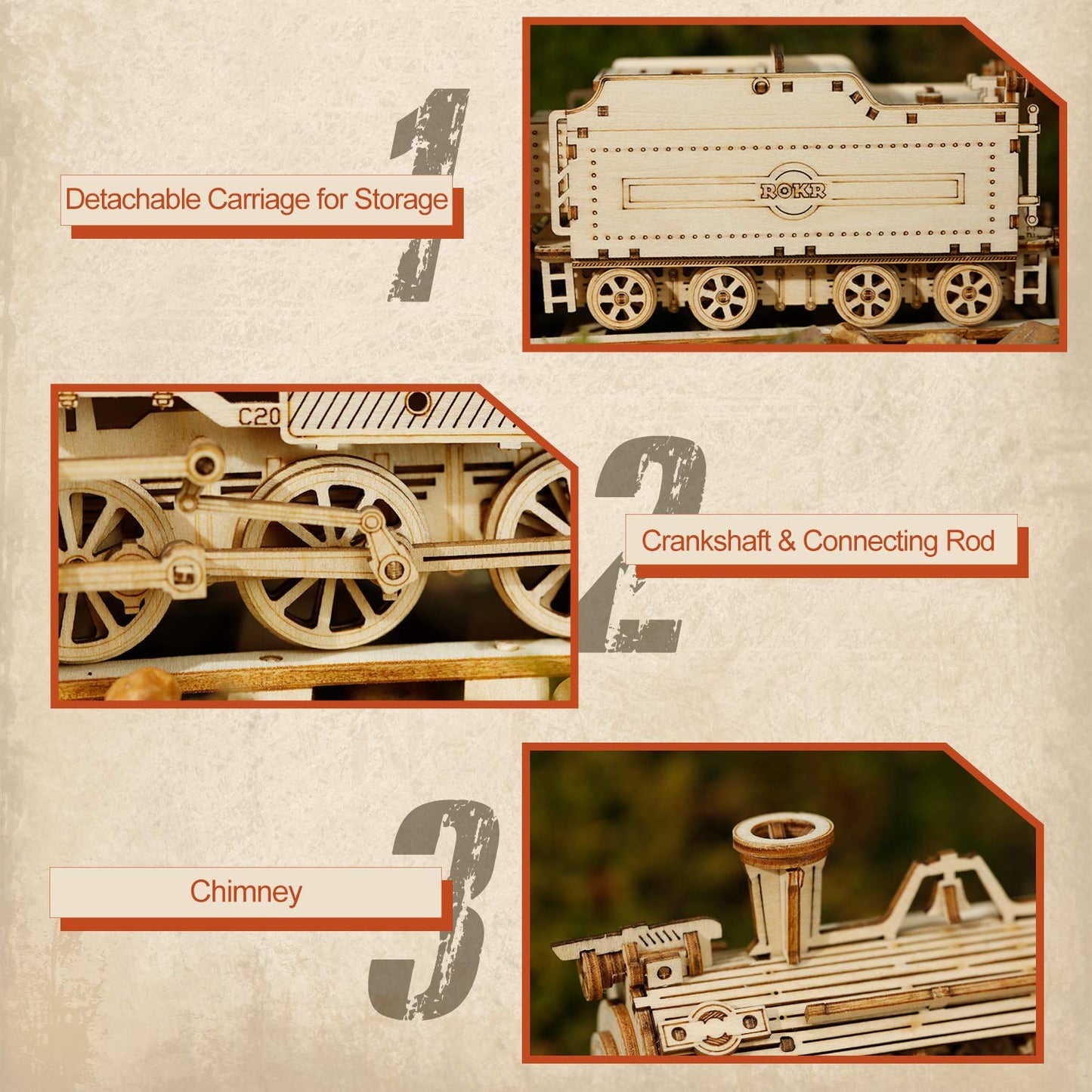 ROKR Model Car Kits Wooden 3D Puzzles Model Building Kits for Adults to Build-Educational Brain Teaser Assembly Model, Desk Decor/DIY Hobbies/Gifts (Prime Steam Express/12.1 * 2.7 * 3.3)